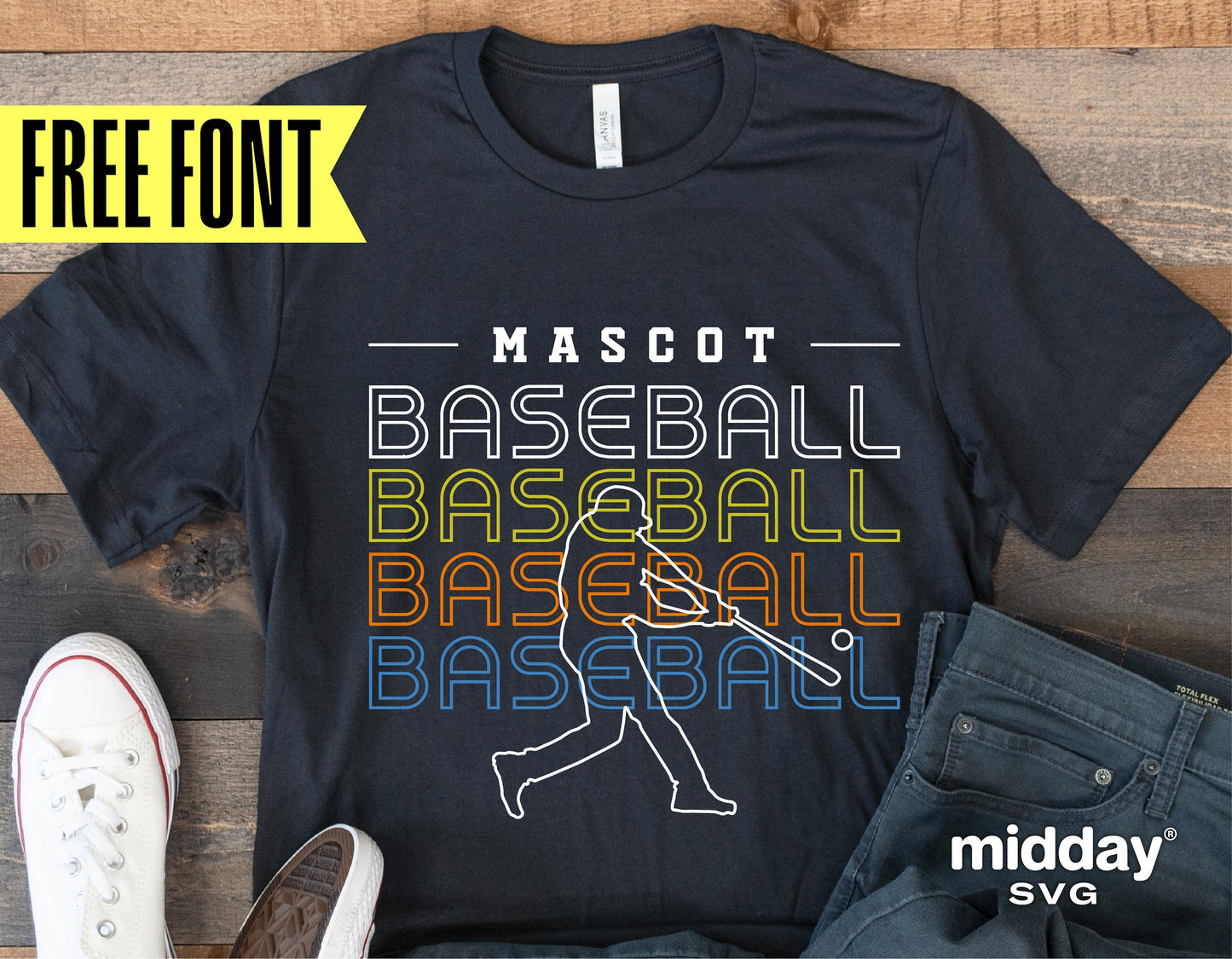 DIY baseball team t-shirt template with Mascot graphic in multiple colors, featuring free font for Cricut and Silhouette projects.