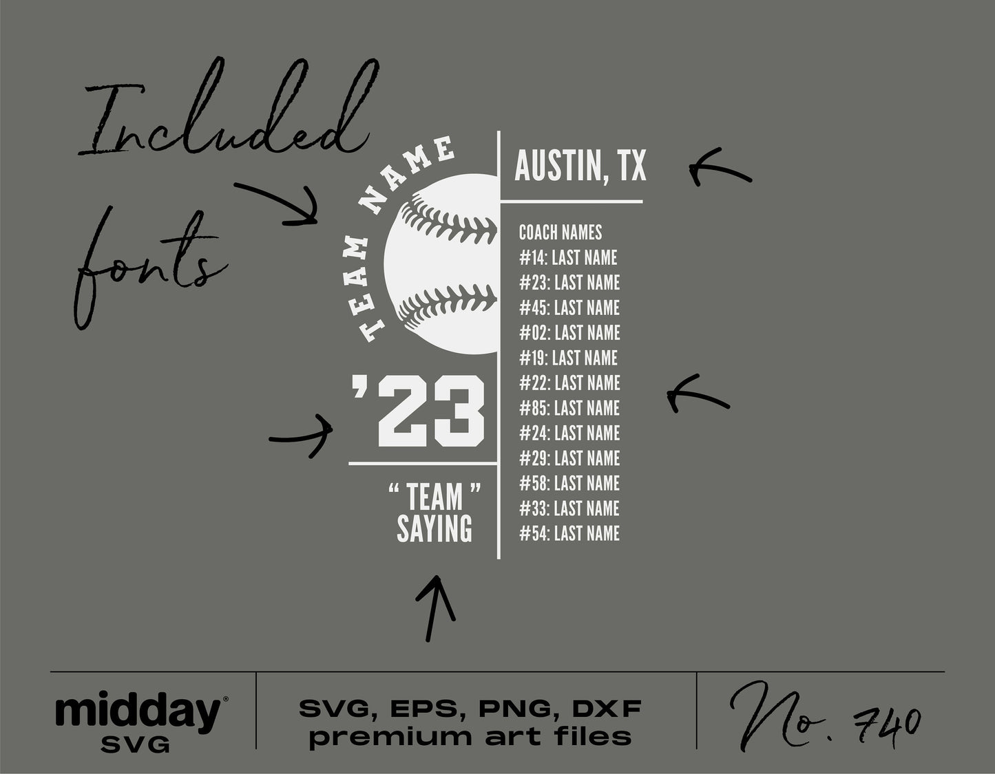 Baseball team roster template SVG with customizable text areas, included fonts, and various file formats for Cricut and Silhouette projects.