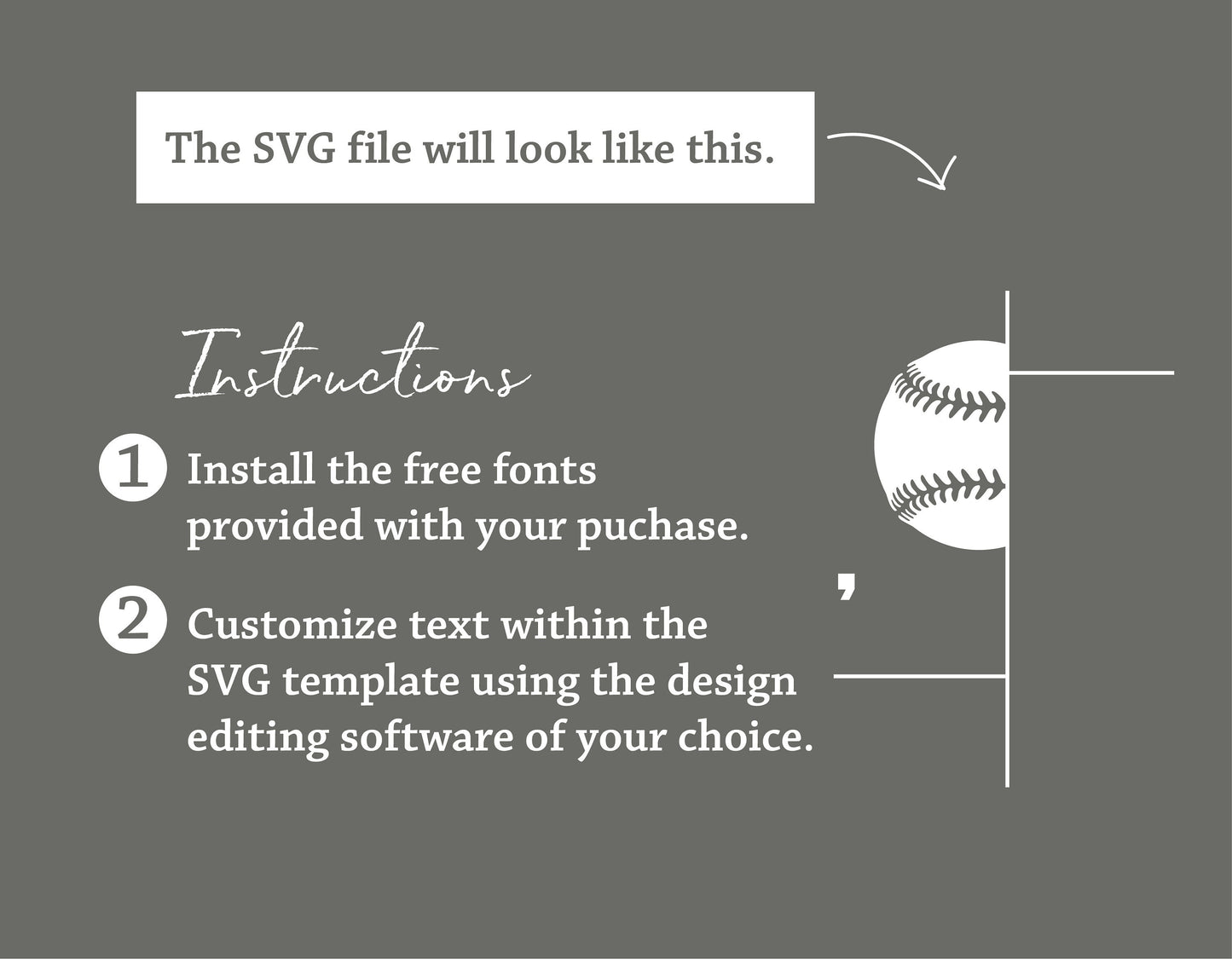 Baseball SVG template instructions with a list: install free fonts and customize text using design editing software.