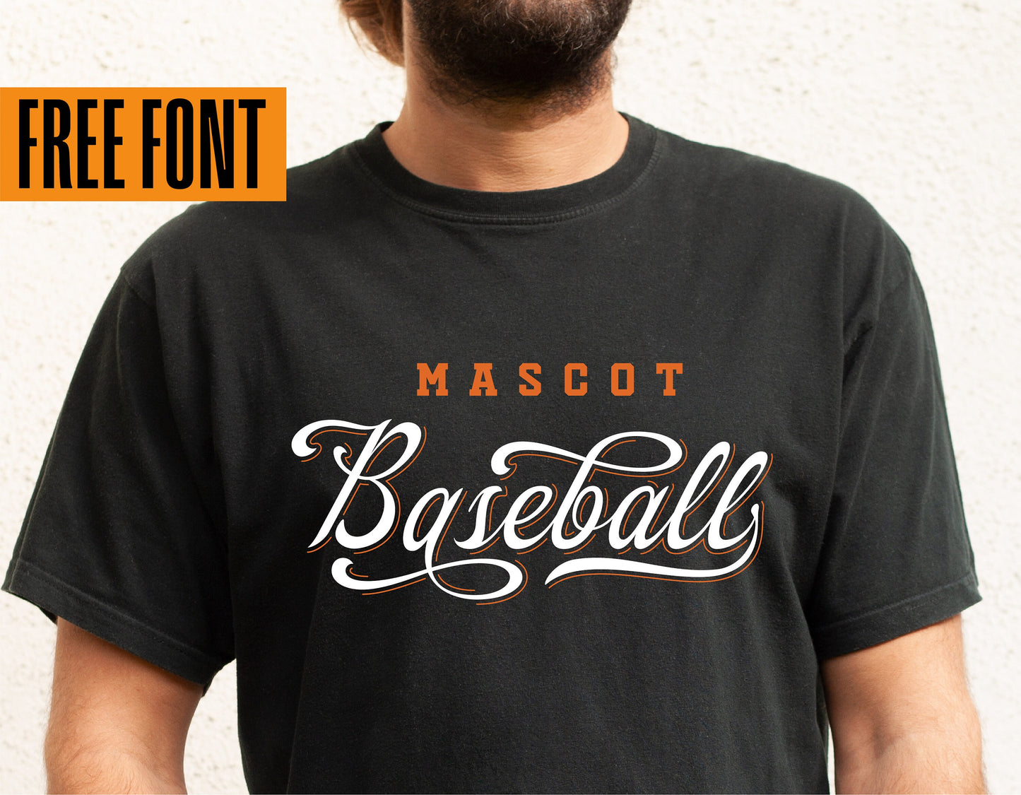 Black t-shirt featuring a baseball team mascot design with vintage script, free font offer highlighted.
