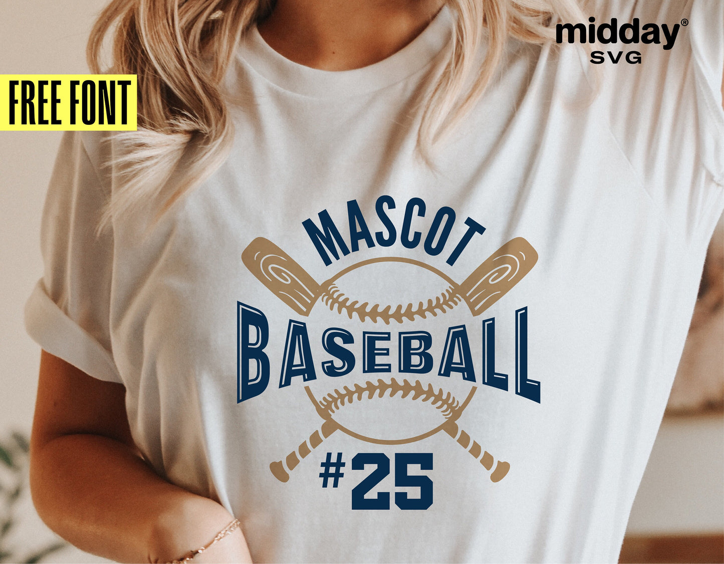 Woman wearing custom mascot baseball shirt with bats and ball design, featuring free font offer by midday SVG.
