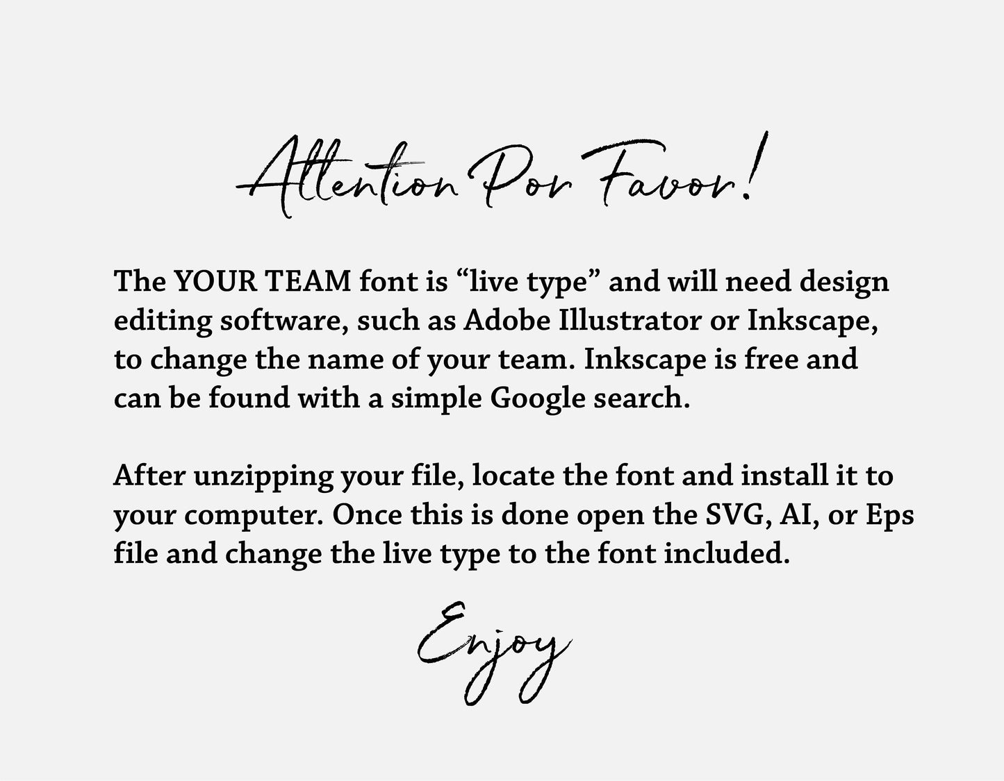 Instruction note for using YOUR TEAM font with design software like Adobe Illustrator or Inkscape to edit team names.