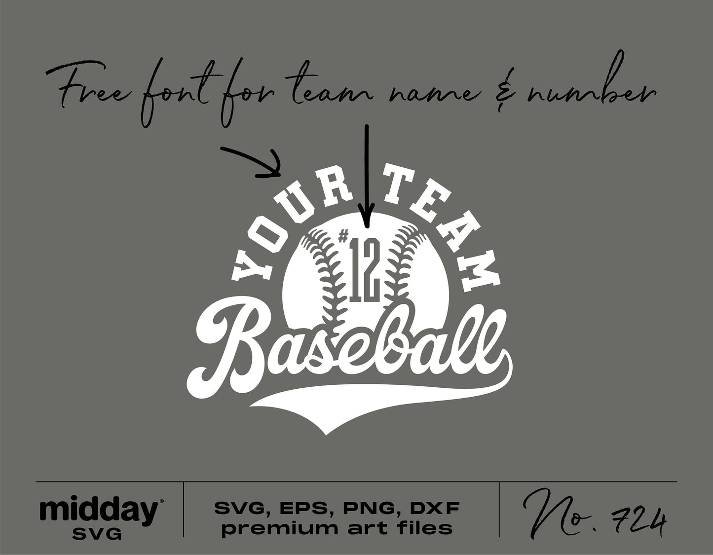Customizable baseball team logo SVG design with free font for DIY shirts and digital Cricut cut files in svg, eps, png formats.