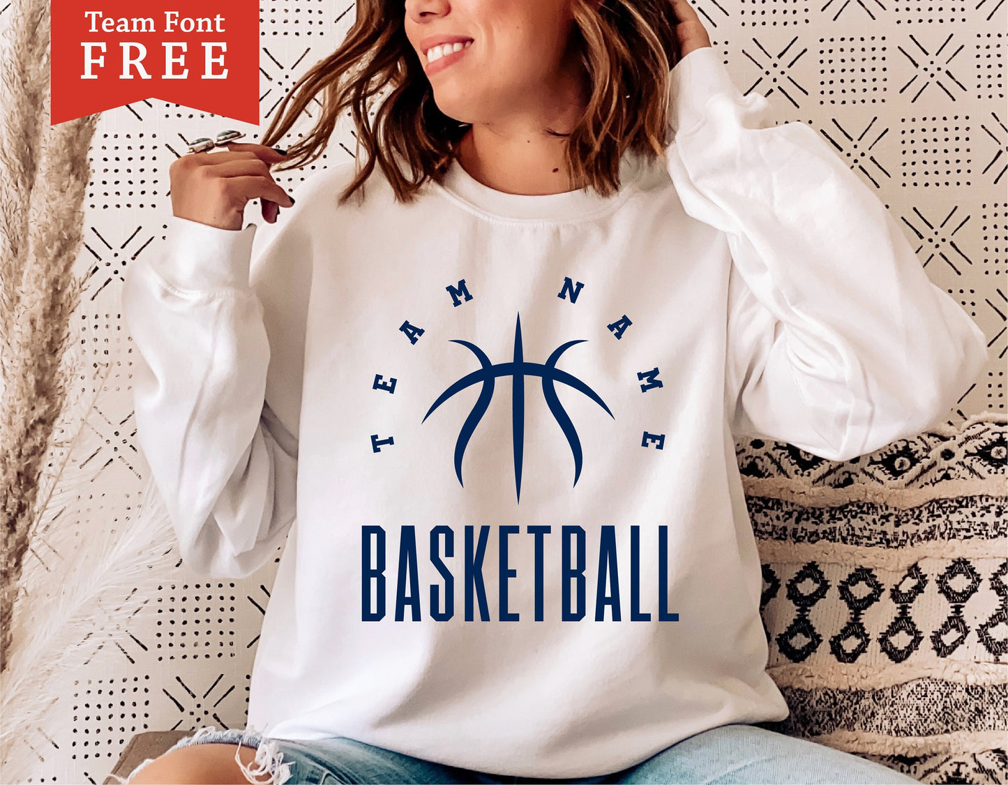 Woman wearing basketball mom shirt, ideal for Cricut and Silhouette projects, featuring a free team font download offer.