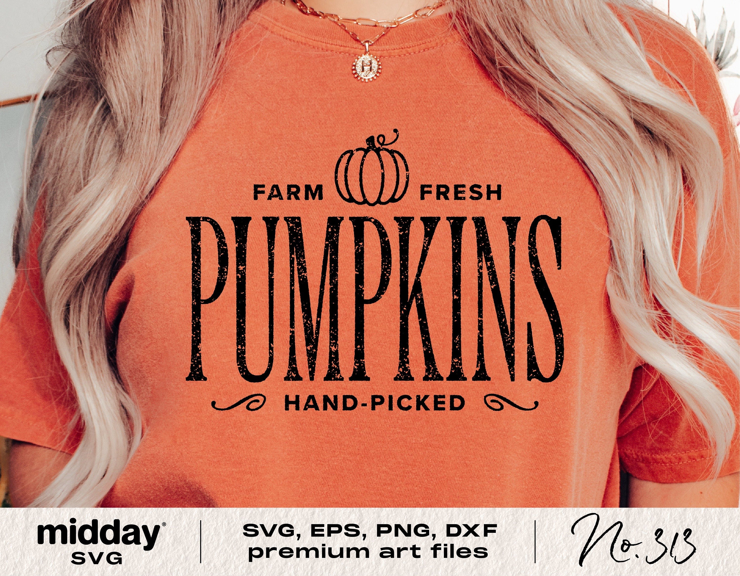 Orange shirt with 'Farm Fresh Pumpkins' design, ideal for autumn projects, includes SVG, EPS, PNG, DXF files for Cricut Silhouette.