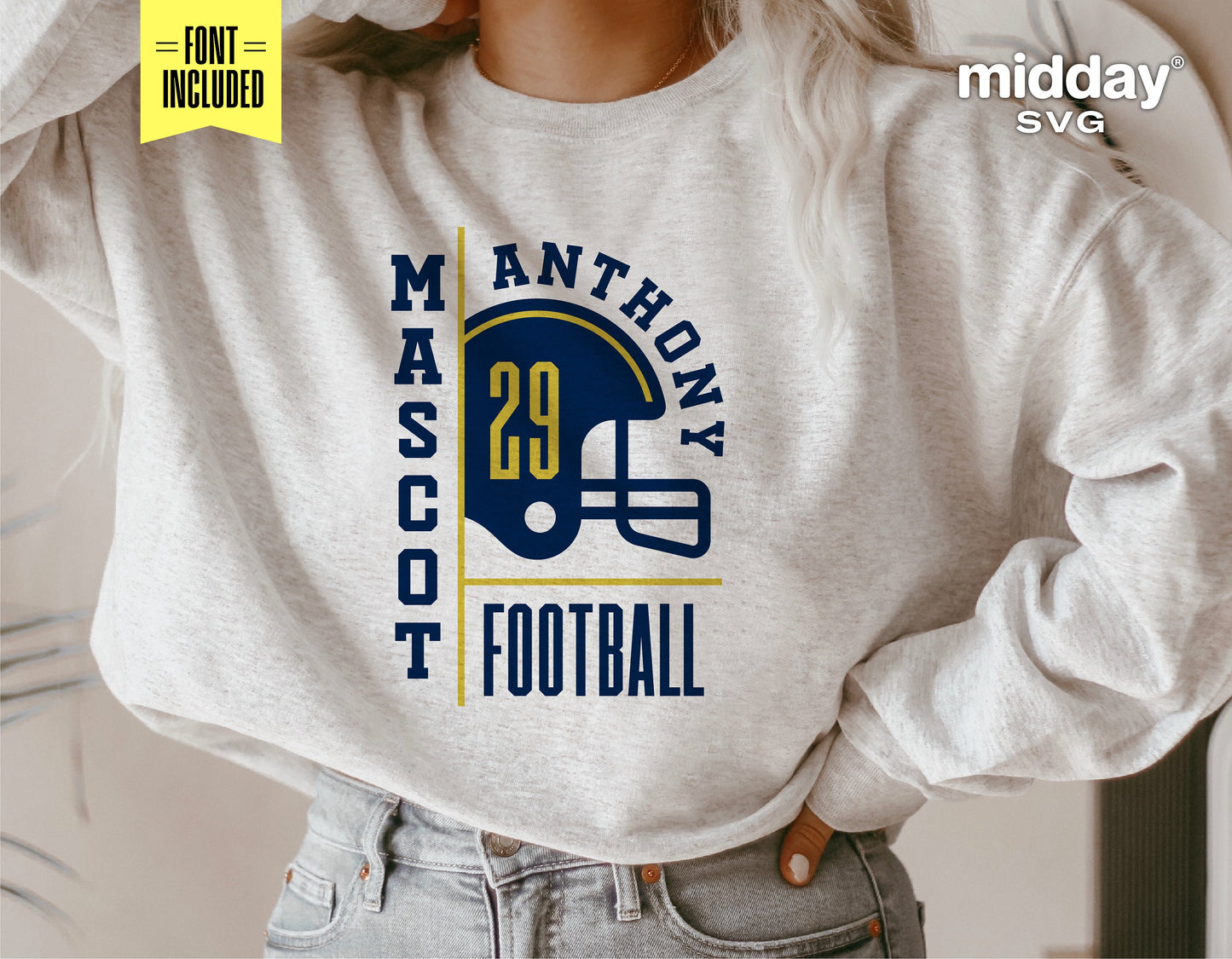 Person wearing a football team logo shirt with customizable font for mascot and team names.