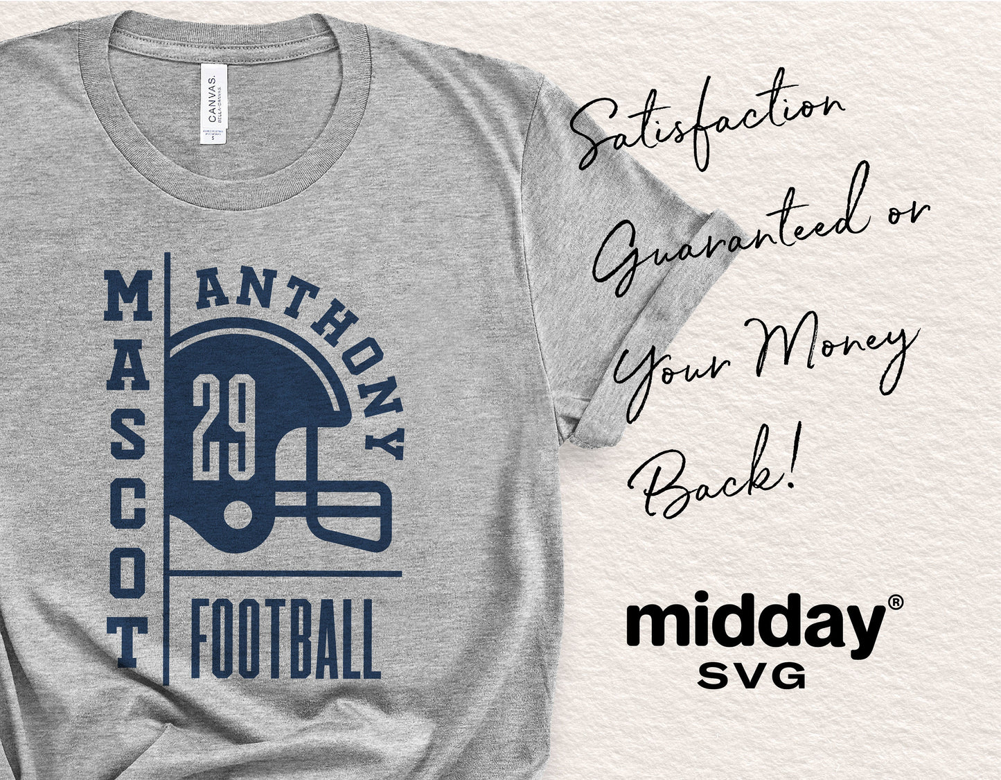 Gray football team logo shirt with customizable helmet design, satisfaction guarantee text, and midday SVG branding.