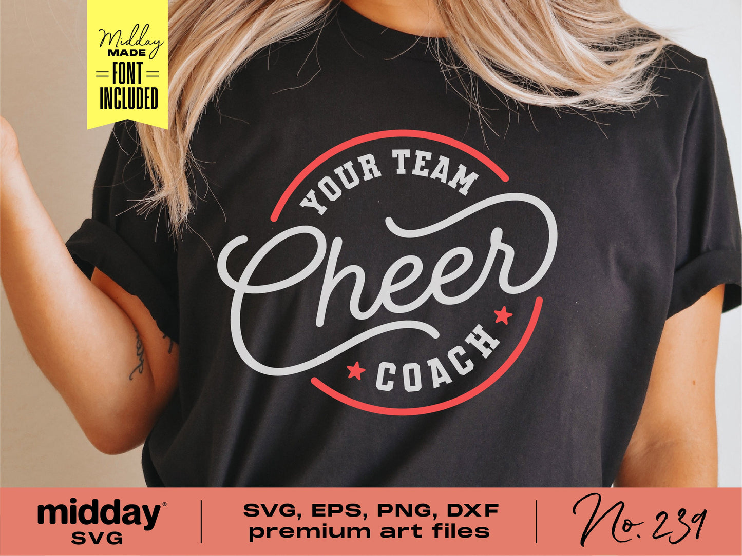Customizable cheer coach shirt design with 'Your Team Cheer Coach' text, available as SVG, PNG, DXF, EPS for Cricut and Silhouette.