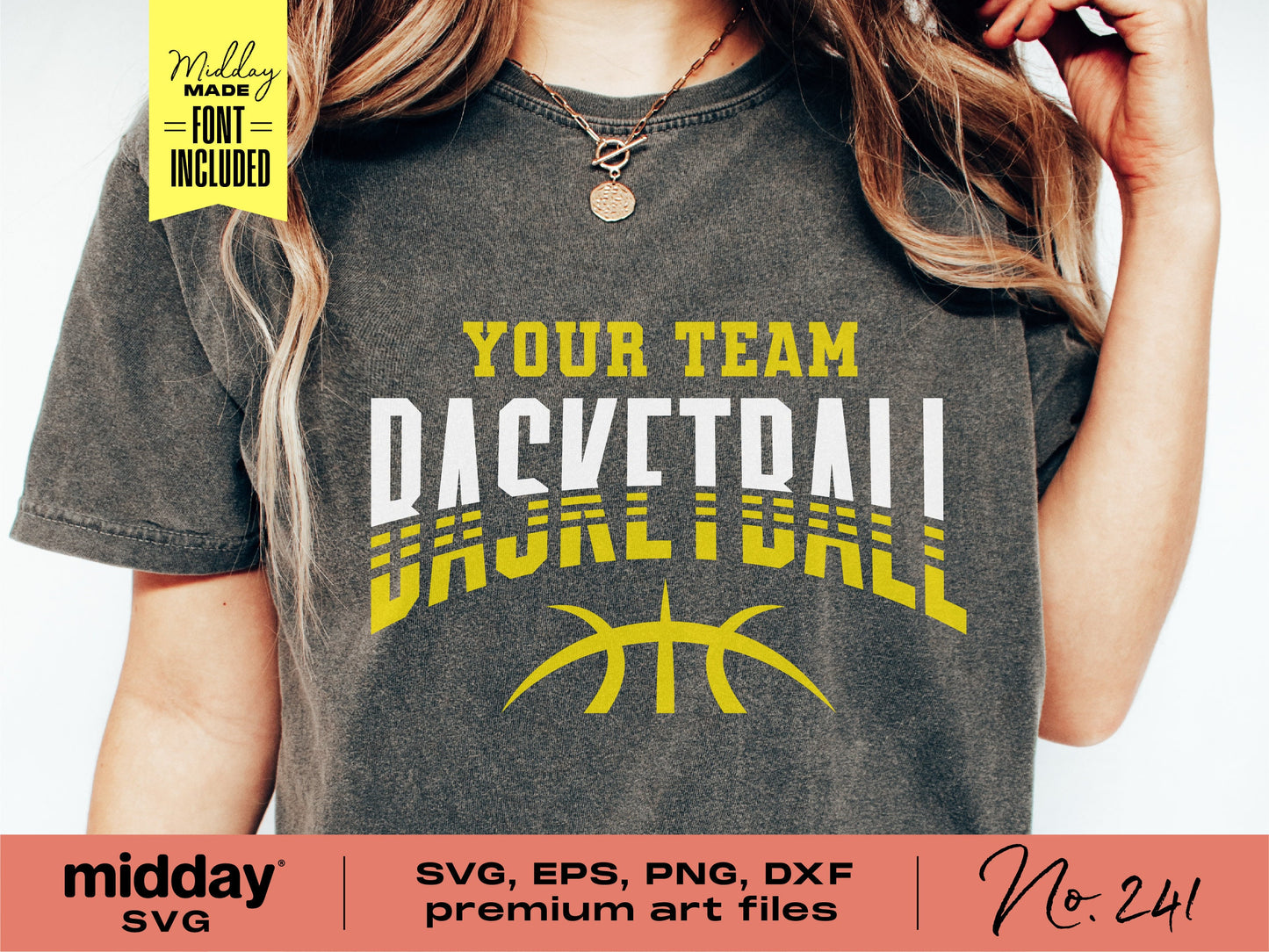 Woman wearing a t-shirt with customizable 'Your Team Basketball' design, ideal for SVG, EPS, PNG, DXF formats and Cricut projects.