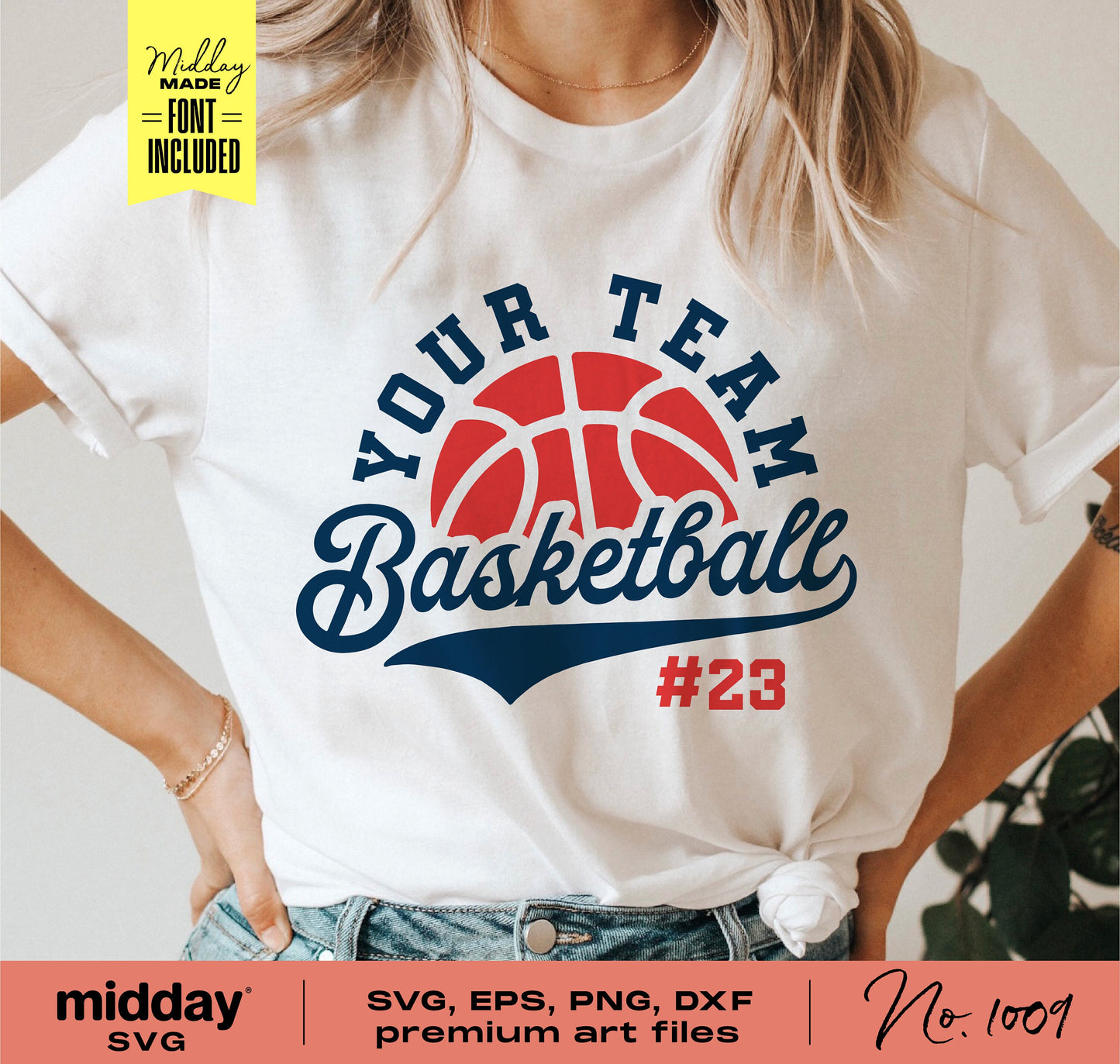 Woman wearing a white t-shirt with 'Your Team Basketball' logo in blue and red, featuring number 23, suitable for Cricut and Silhouette projects.