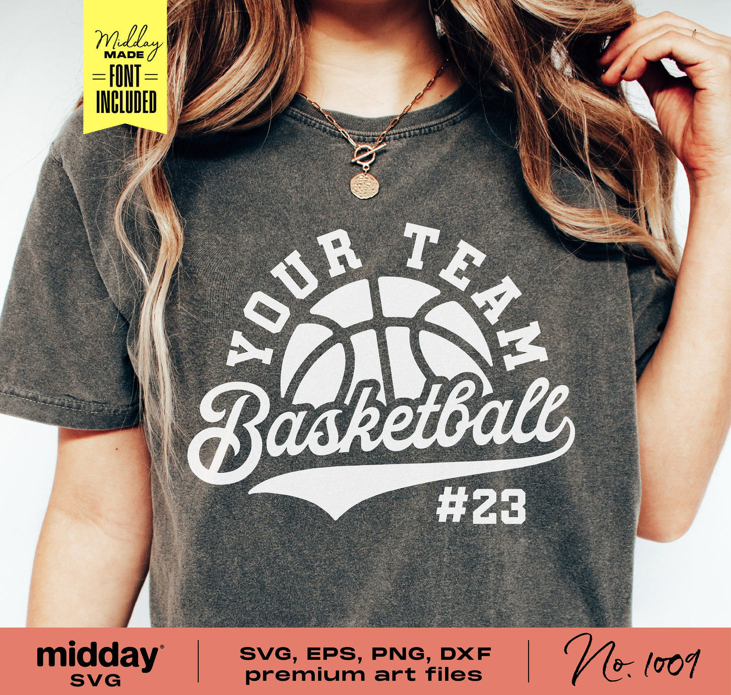Basketball team-themed shirt featuring customizable logo and number, ideal for Cricut and Silhouette projects with included SVG files.