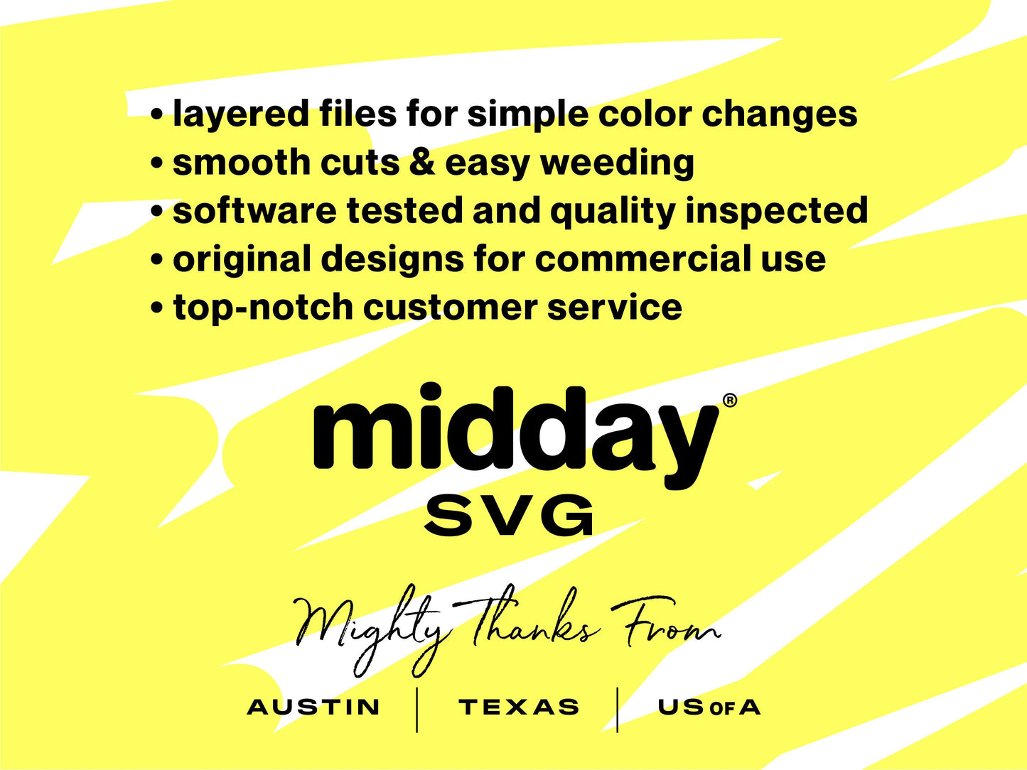 Promotional graphic for midday SVG highlighting quality features and customer service, set against a bright yellow background.