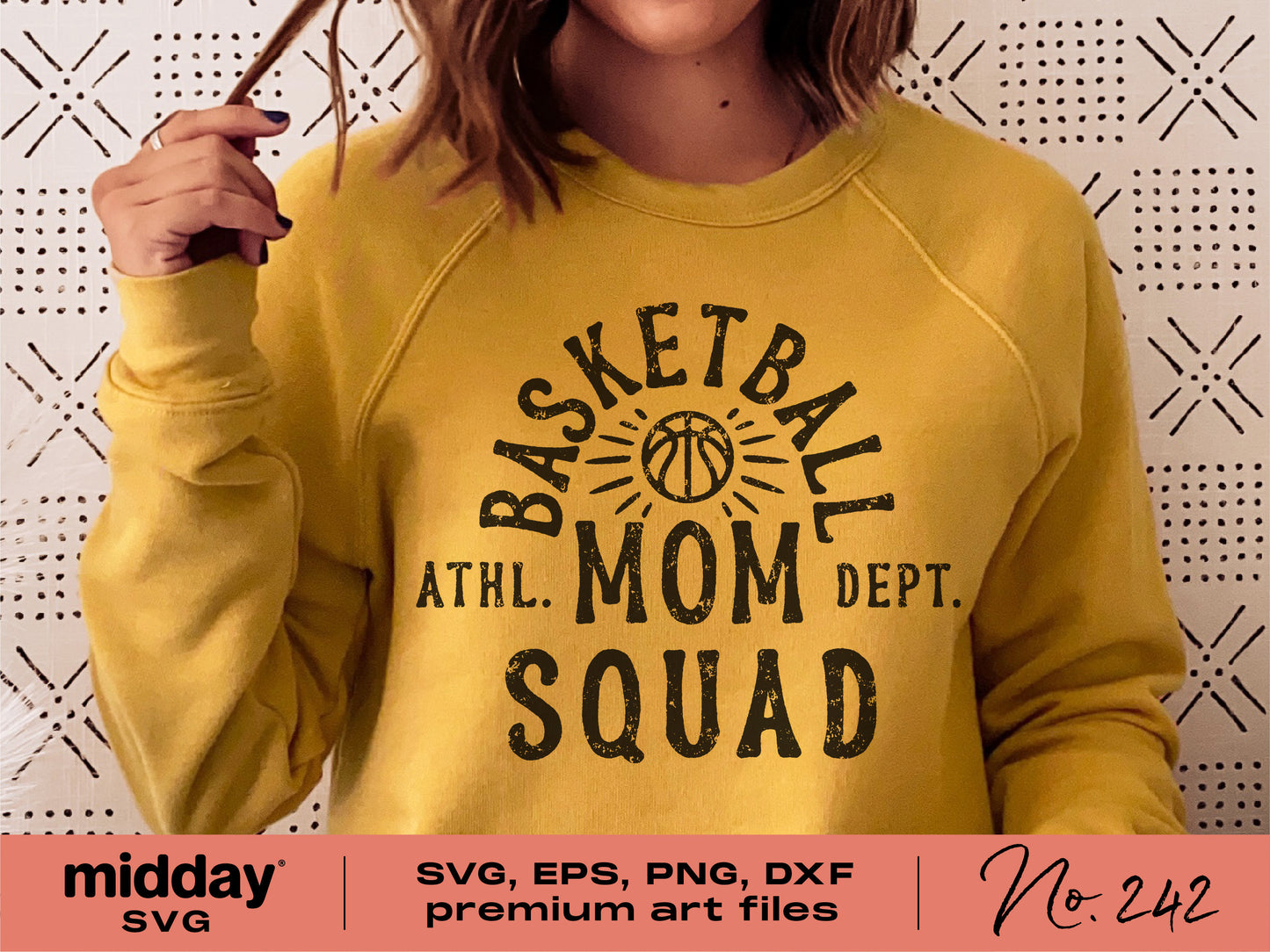 Yellow sweatshirt with 'Basketball Mom Squad' design, available as SVG, PNG, DXF files for Cricut and Silhouette.