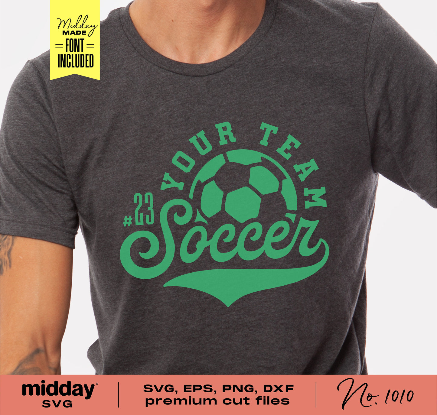 Soccer team t-shirt with customizable logo and number, available in SVG, PNG, DXF, EPS formats. Great for Cricut and Silhouette projects.