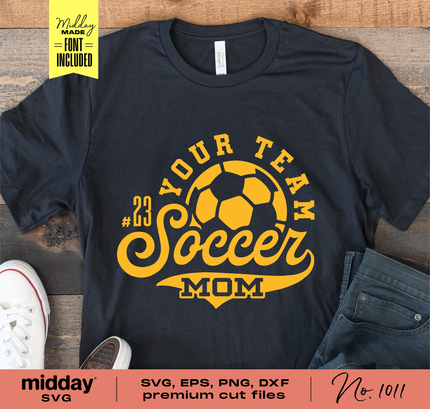 Customizable soccer mom shirt template in SVG, PNG, DXF, EPS formats for Cricut and Silhouette, featuring "Your Team Soccer Mom" design.