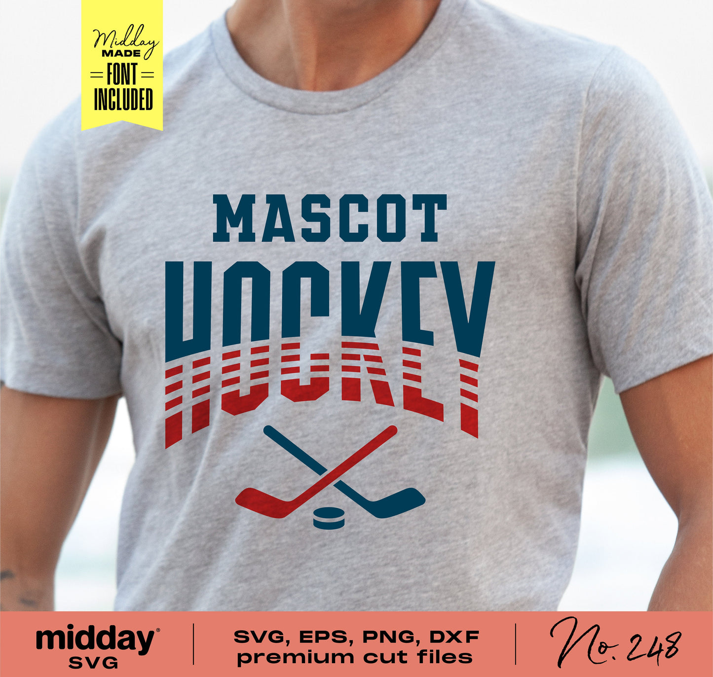 Gray t-shirt featuring customizable hockey team design, includes SVG, PNG, DXF, EPS files for Cricut and Silhouette, perfect for apparel.