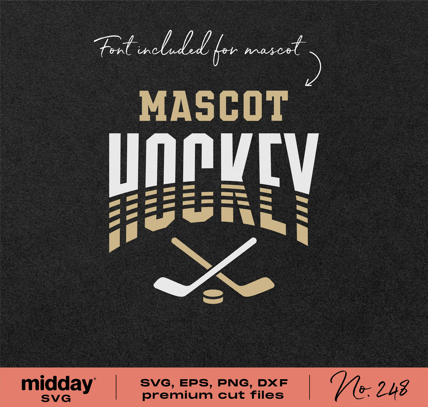 Hockey team mascot design SVG with crossed hockey sticks, suitable for shirts and hoodies, includes font and multiple file formats.