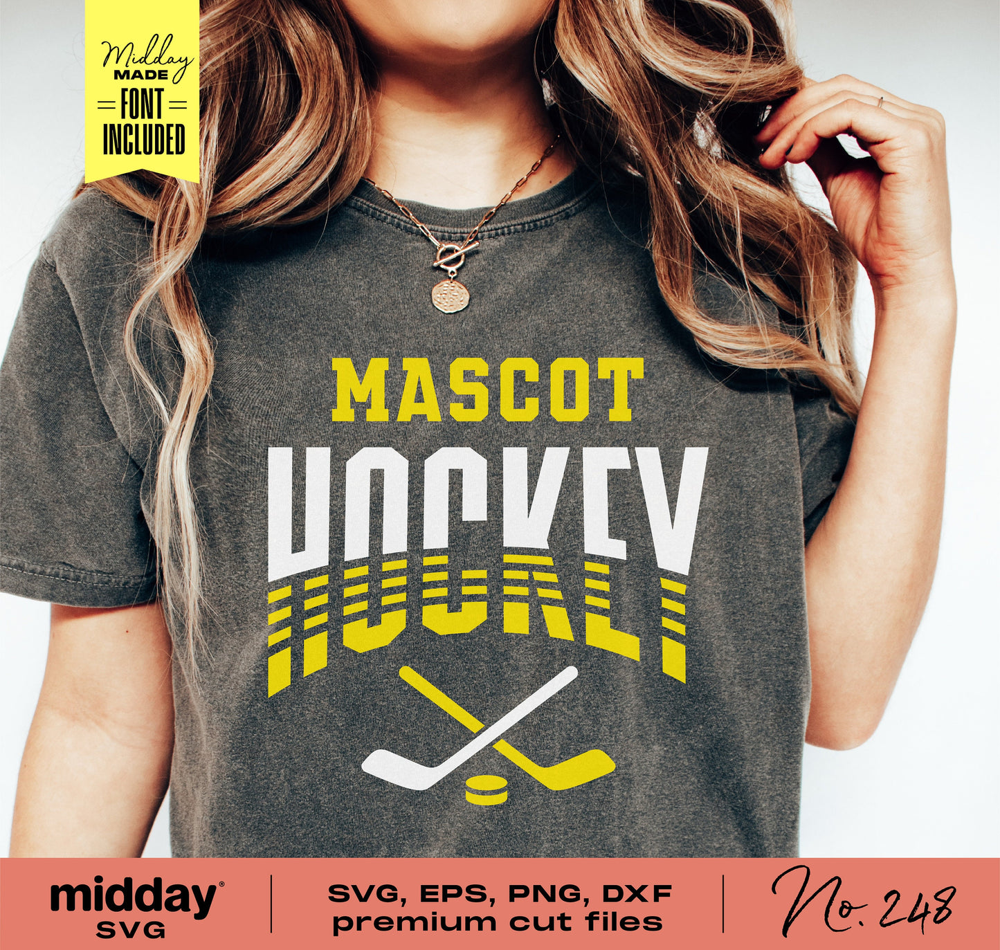 Hockey team shirt design, featuring 'Mascot Hockey' in bold letters, suitable for Cricut and Silhouette crafting projects.