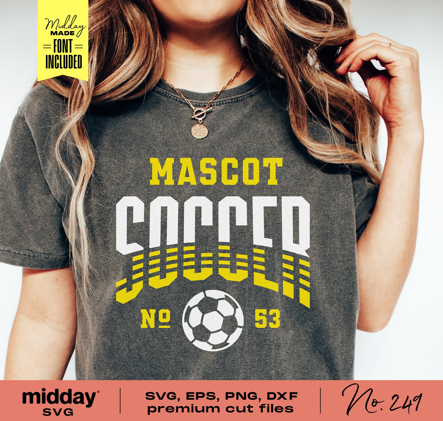 Soccer team shirt design featuring 'Mascot Soccer No.53' text and soccer ball graphic, includes SVG, EPS, PNG, DXF cut files.