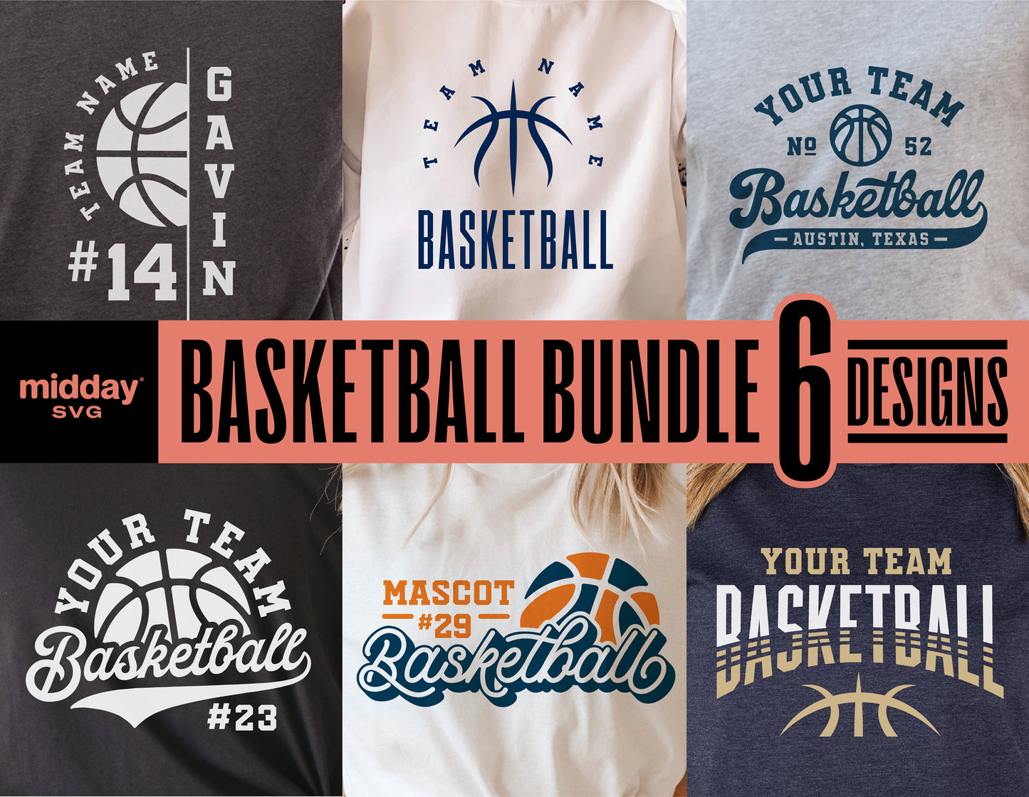 Basketball bundle with 6 designs featuring DIY templates for team shirts, mom sweatshirts, and logos in SVG, PNG, DXF, EPS formats.