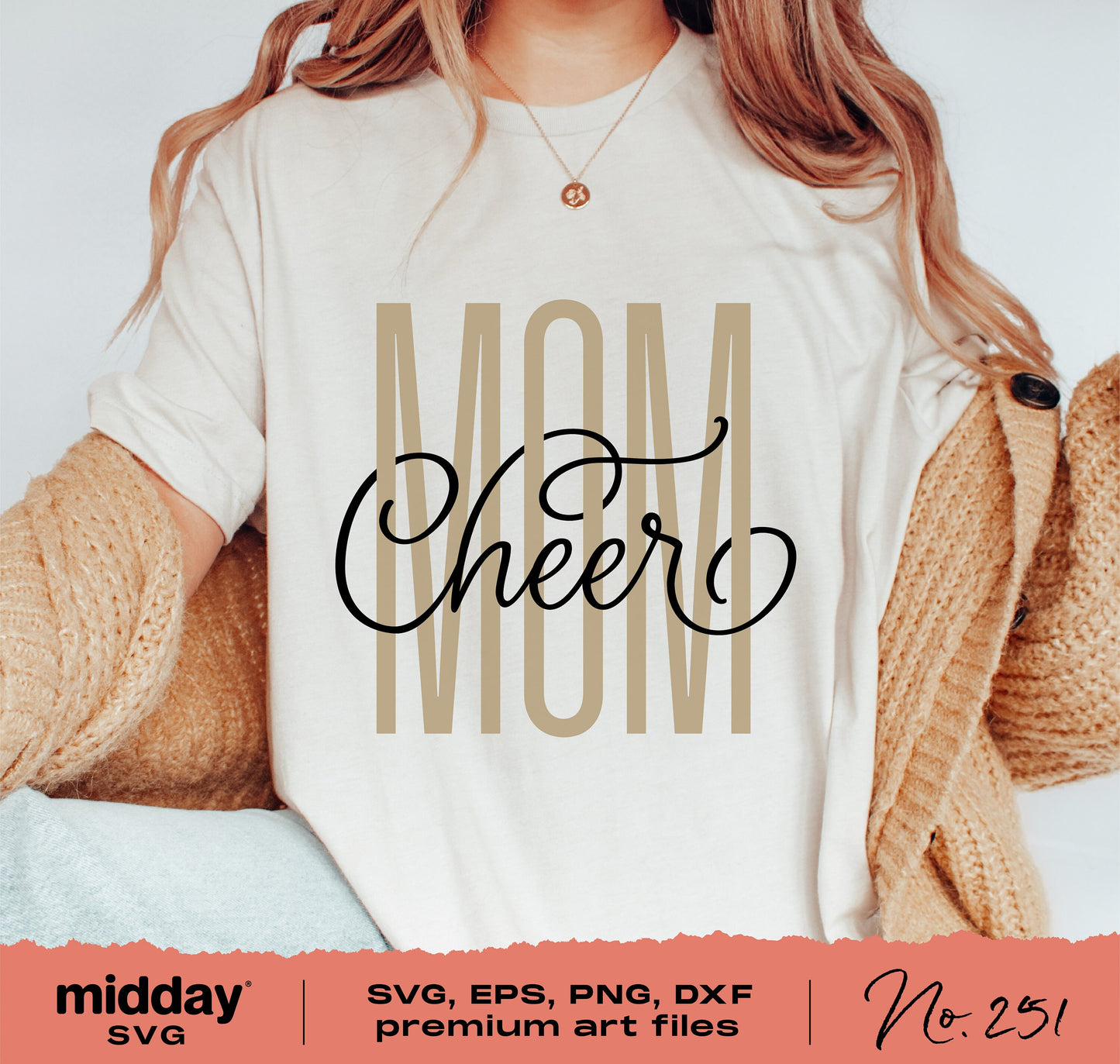 Cheer Mom shirt design with SVG, EPS, PNG, DXF files for Cricut and Silhouette, featuring cheerleader mom text on a cozy hoodie.