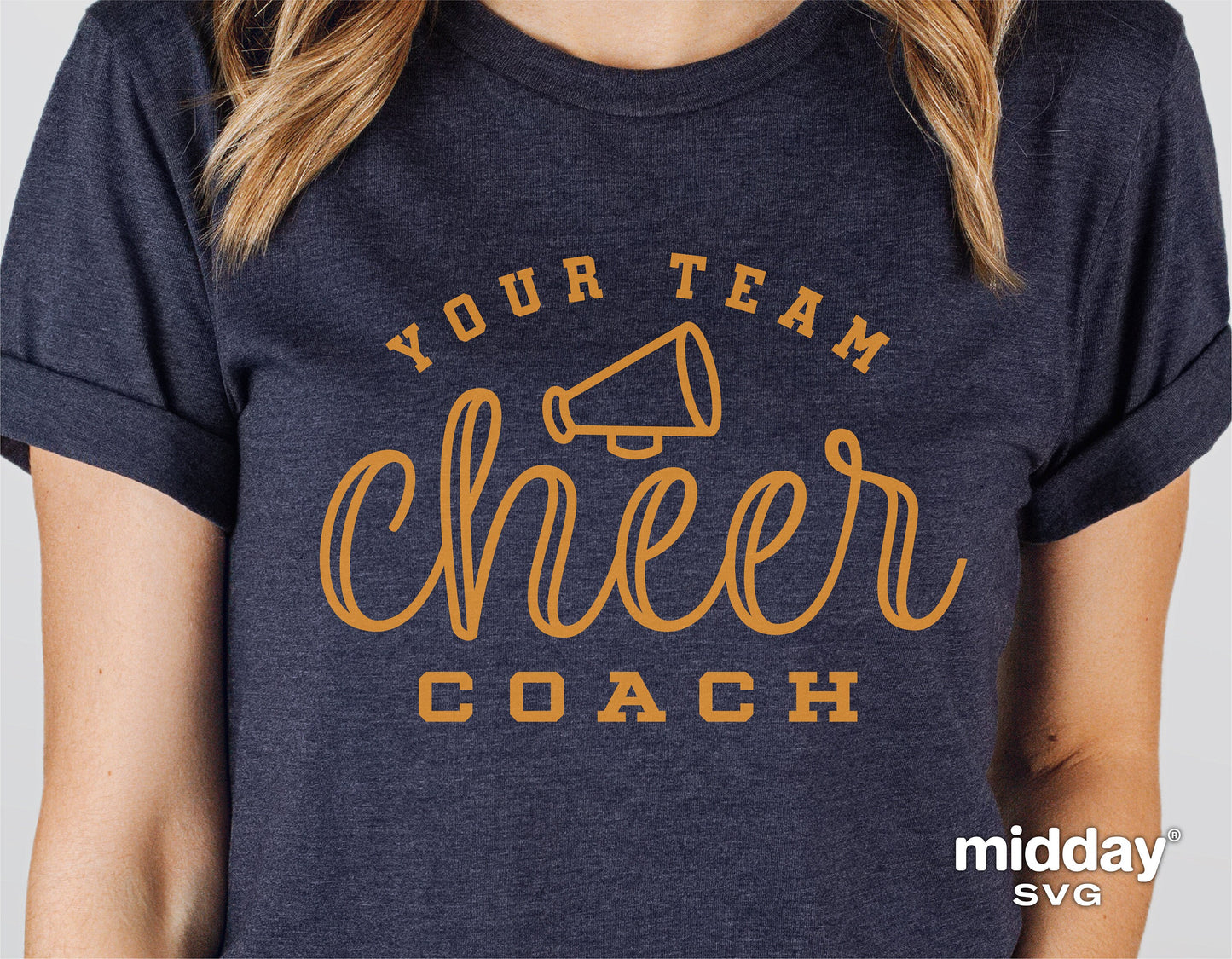 Navy t-shirt with 'Your Team Cheer Coach' text and megaphone graphic, perfect for cheerleading coaches, featuring SVG design by Midday SVG.