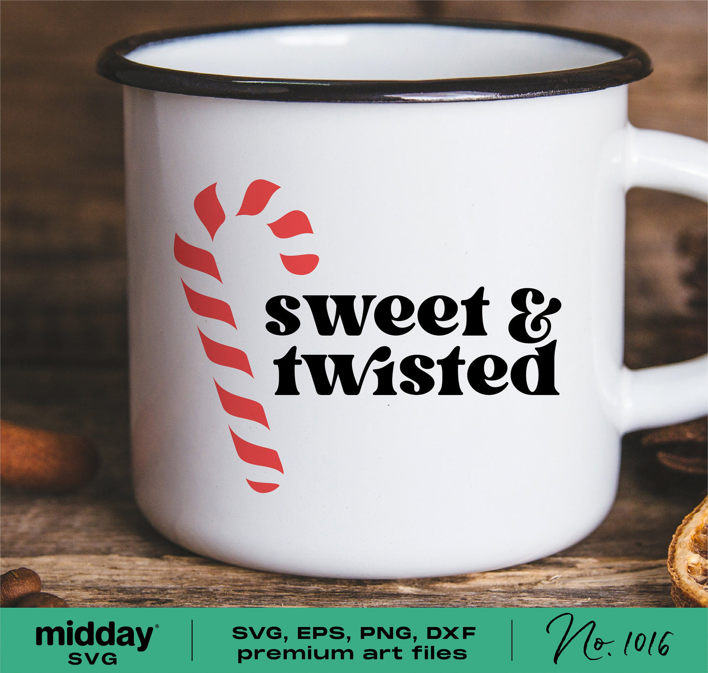 White mug with red candy cane and black 'Sweet & Twisted' text, perfect for funny Christmas decor and crafting.