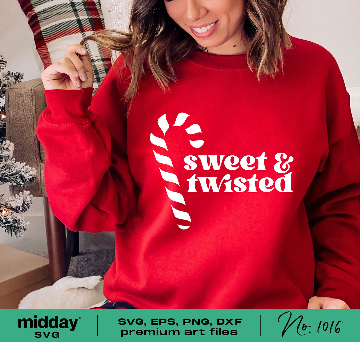 Woman wearing a red sweatshirt with 'Sweet & Twisted' text and candy cane design, perfect for Christmas and holiday crafting.