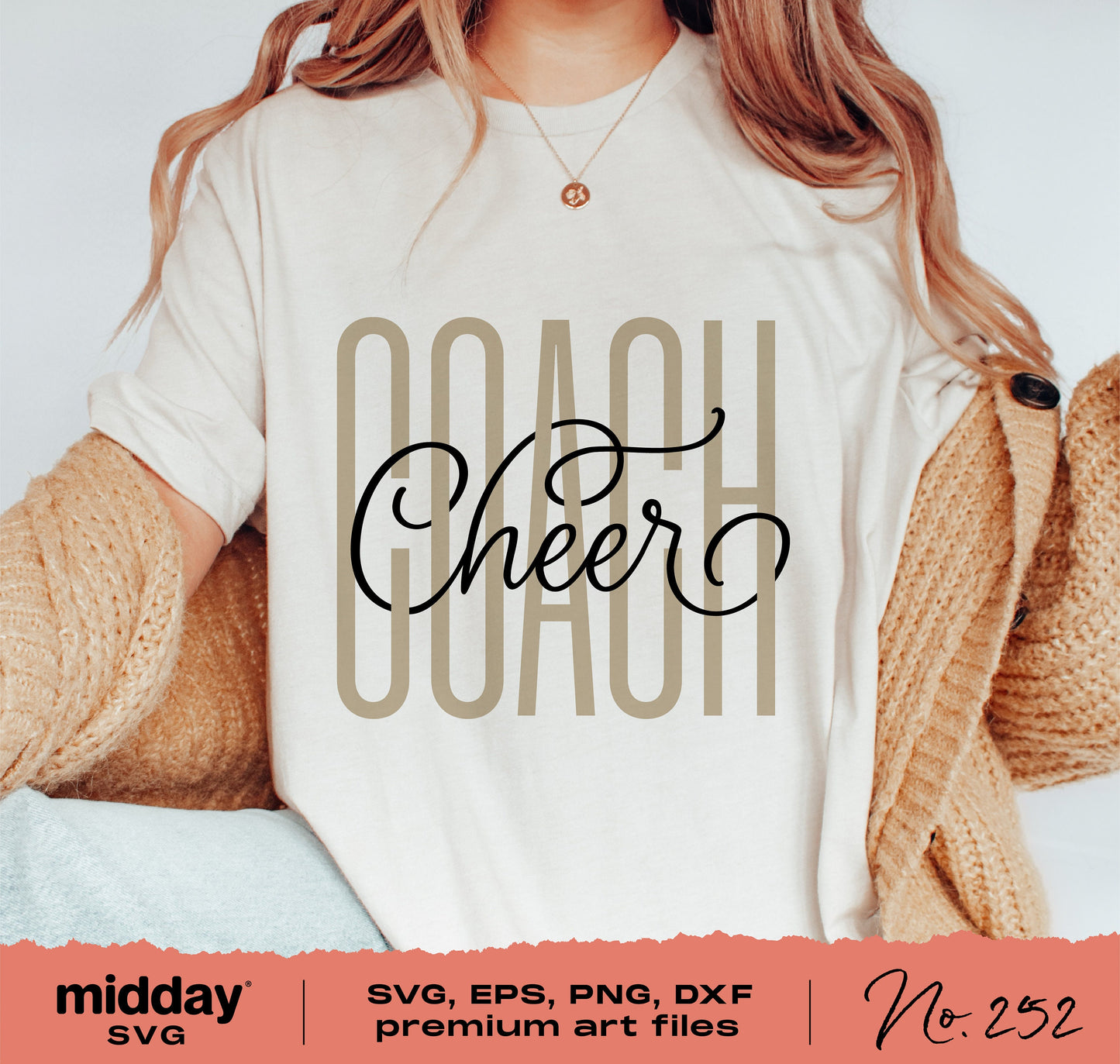 Cheer Coach shirt with woven script design in SVG, PNG, DXF, EPS formats for Cricut and Silhouette sublimation projects.