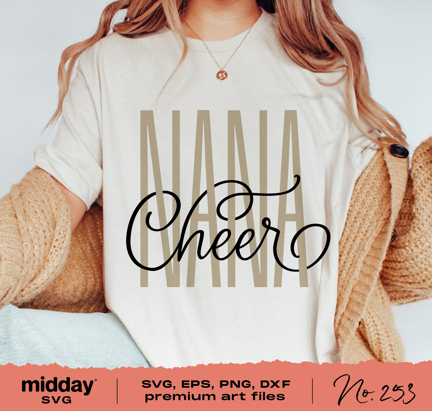 Cheer Nana shirt featuring woven script design for cheerleader grandma; perfect for Cricut and Silhouette cut files.