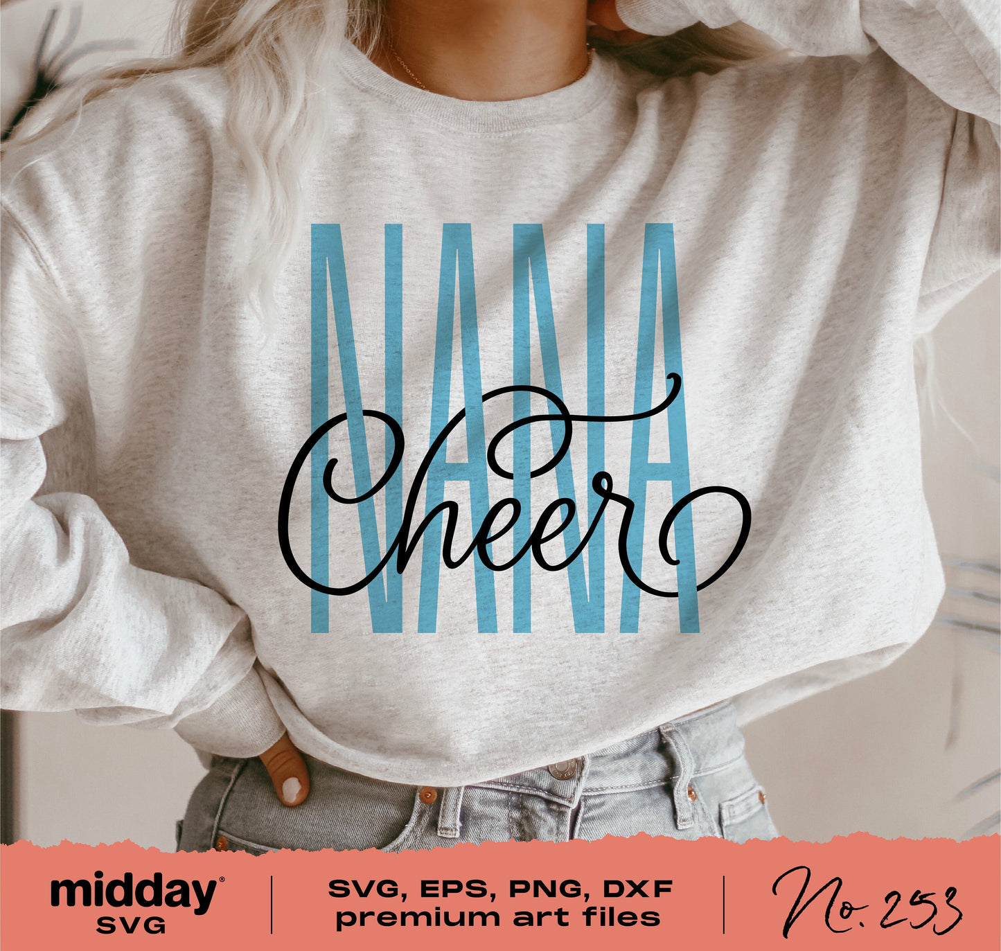 "Cheer Nana" sweatshirt with woven script design for Cricut and Silhouette projects, SVG download available.