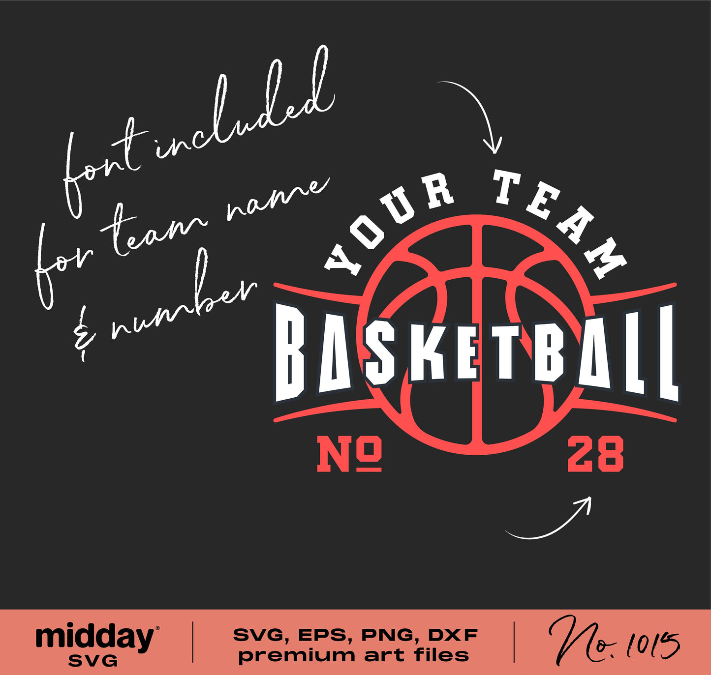 Customizable basketball team shirt design template in SVG, PNG, DXF, EPS formats with team logo and editable text font included.