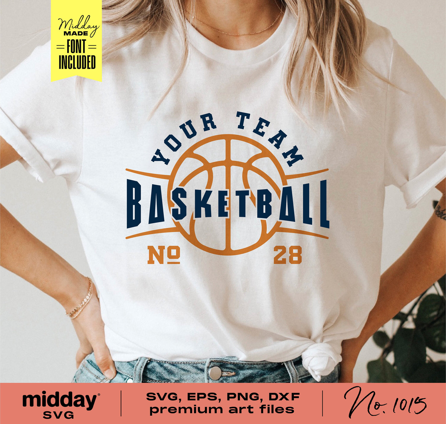 Woman wearing a custom basketball team template shirt with logo design, ideal for DIY projects using Cricut or Silhouette.