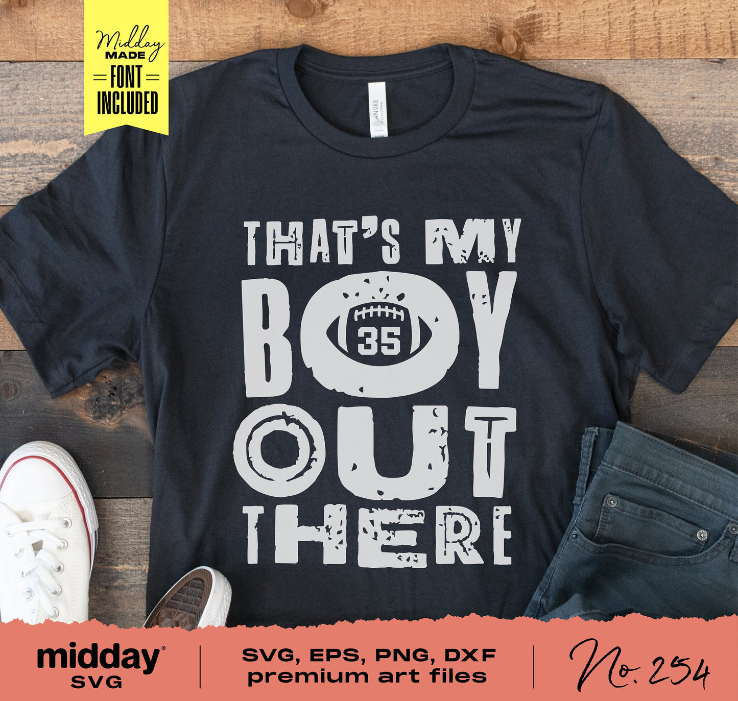 Black t-shirt with 'That's My Boy Out There' football design, perfect for football moms and dads, includes SVG, PNG, DXF formats.