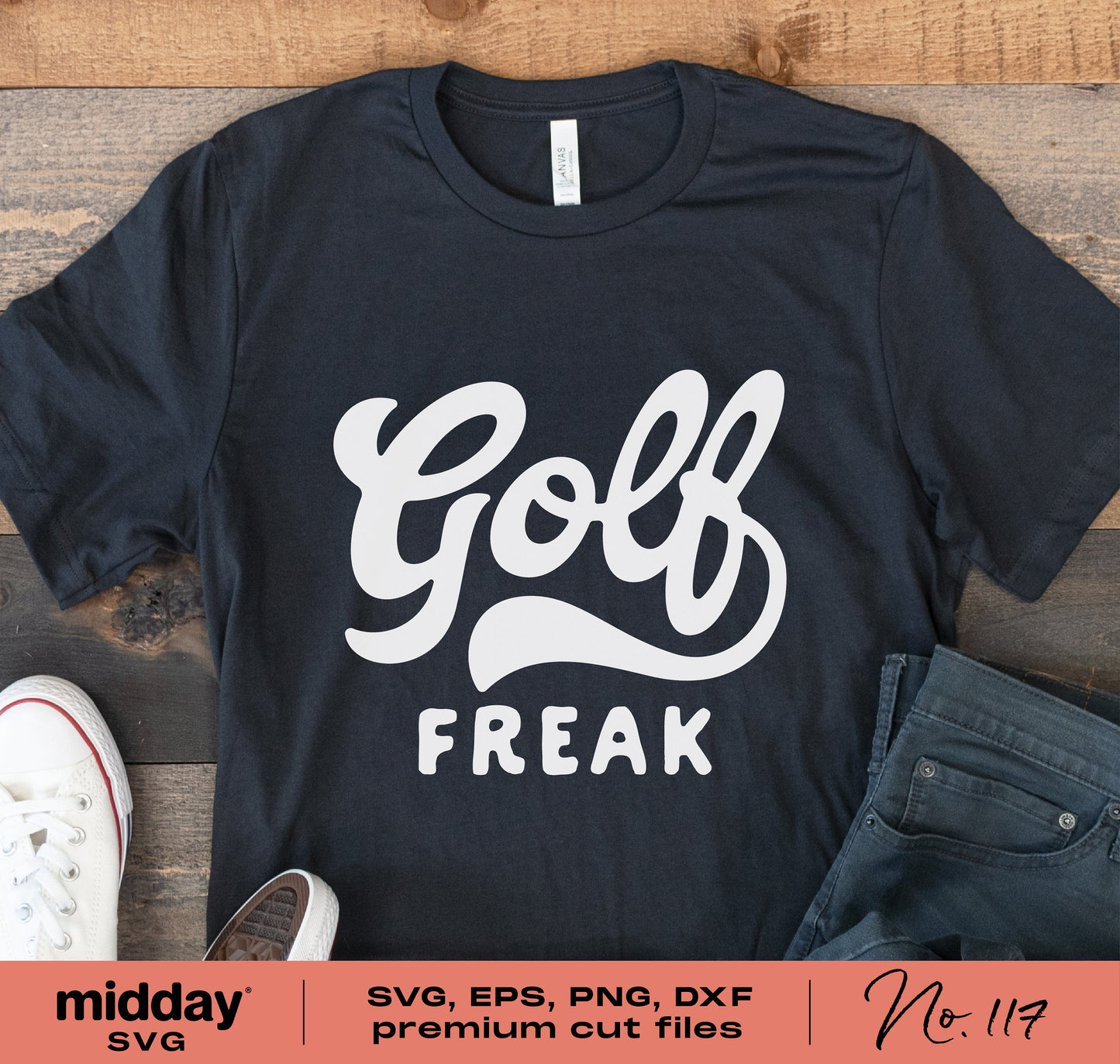 Black t-shirt with 'Golf Freak' design, includes SVG, PNG, DXF formats for Cricut and Silhouette users, ideal for golf enthusiasts.