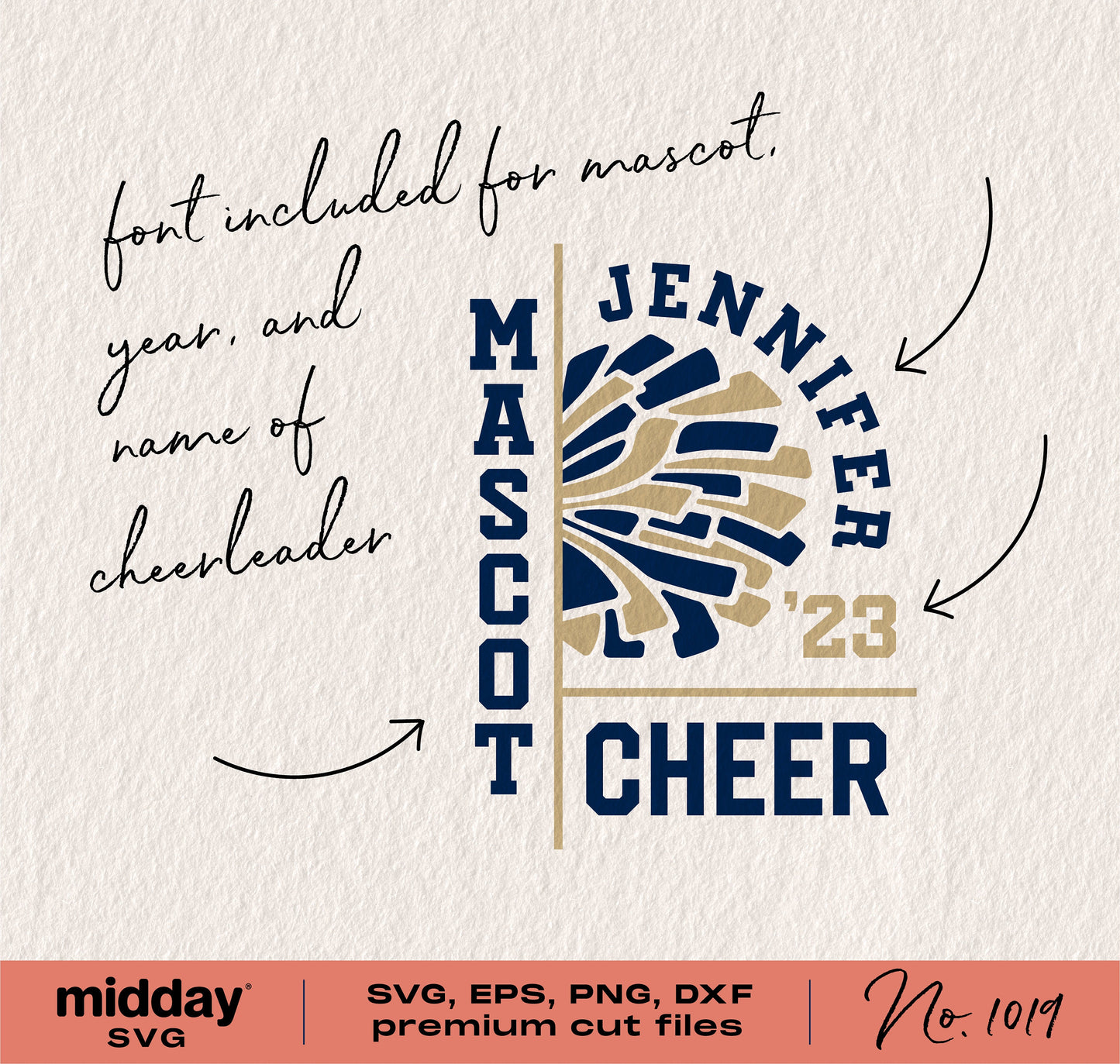 Cheer Team Template with customizable font for mascot, year, and names; includes SVG, PNG, DXF, EPS files for Cricut, Silhouette.