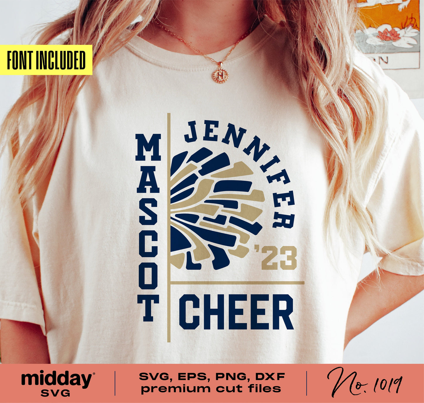 Cheer Team Template SVG file with mascot, cheerleader design, and customizable text for shirts, compatible with Cricut and Silhouette.
