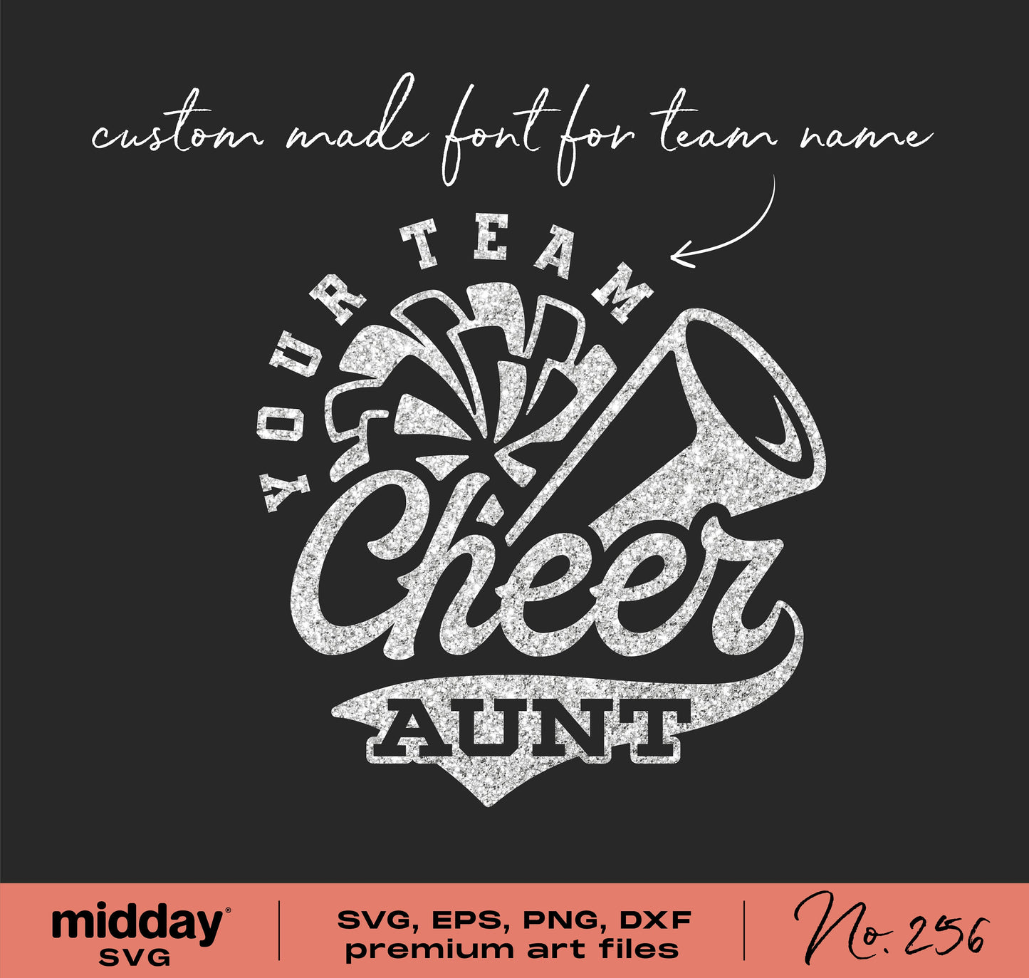 "Cheer Aunt" SVG design with custom font, megaphone, and pom poms for cheerleading shirts, available in multiple formats for cutting machines.