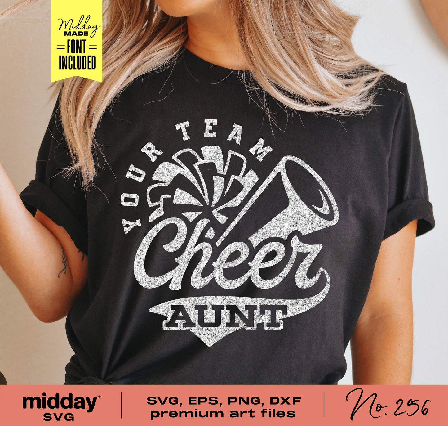 Black t-shirt featuring a glittery Cheer Aunt design with pom pom and megaphone graphics, perfect for Cricut and Silhouette projects.