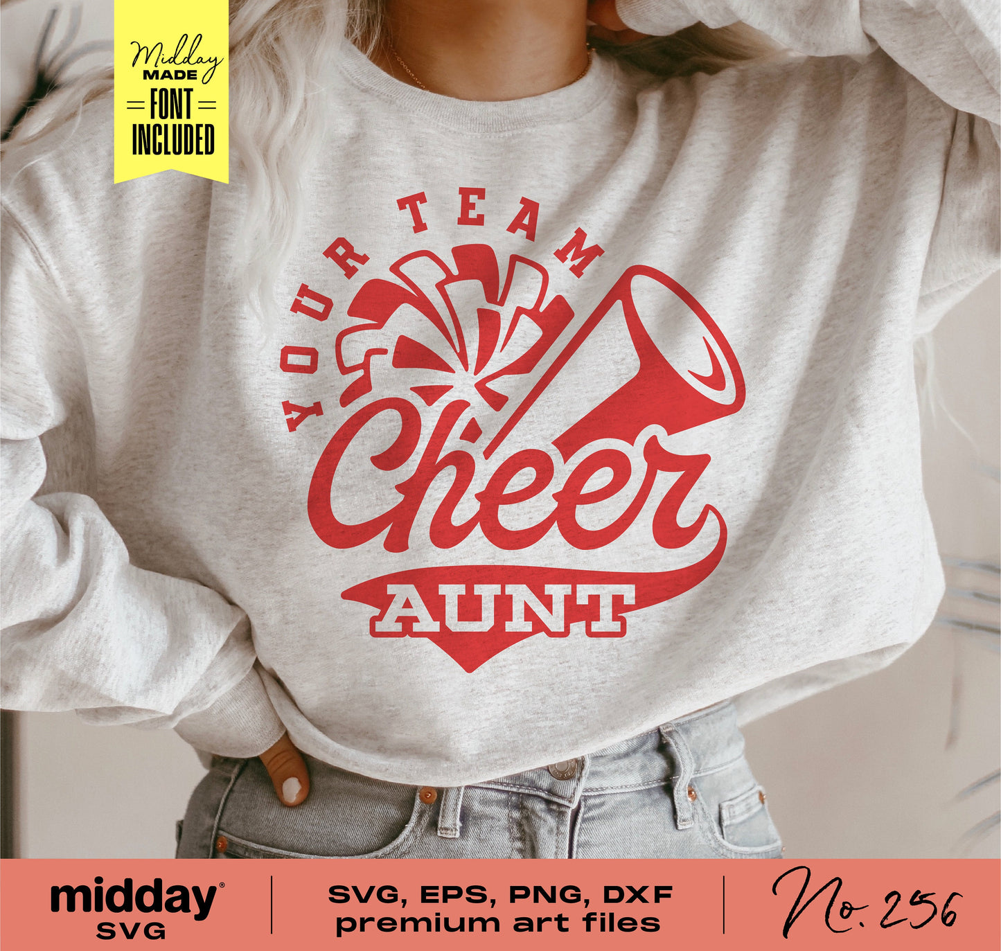 Woman wearing Cheer Aunt shirt with megaphone and pom pom design, available in SVG, EPS, PNG, DXF formats for Cricut and Silhouette.