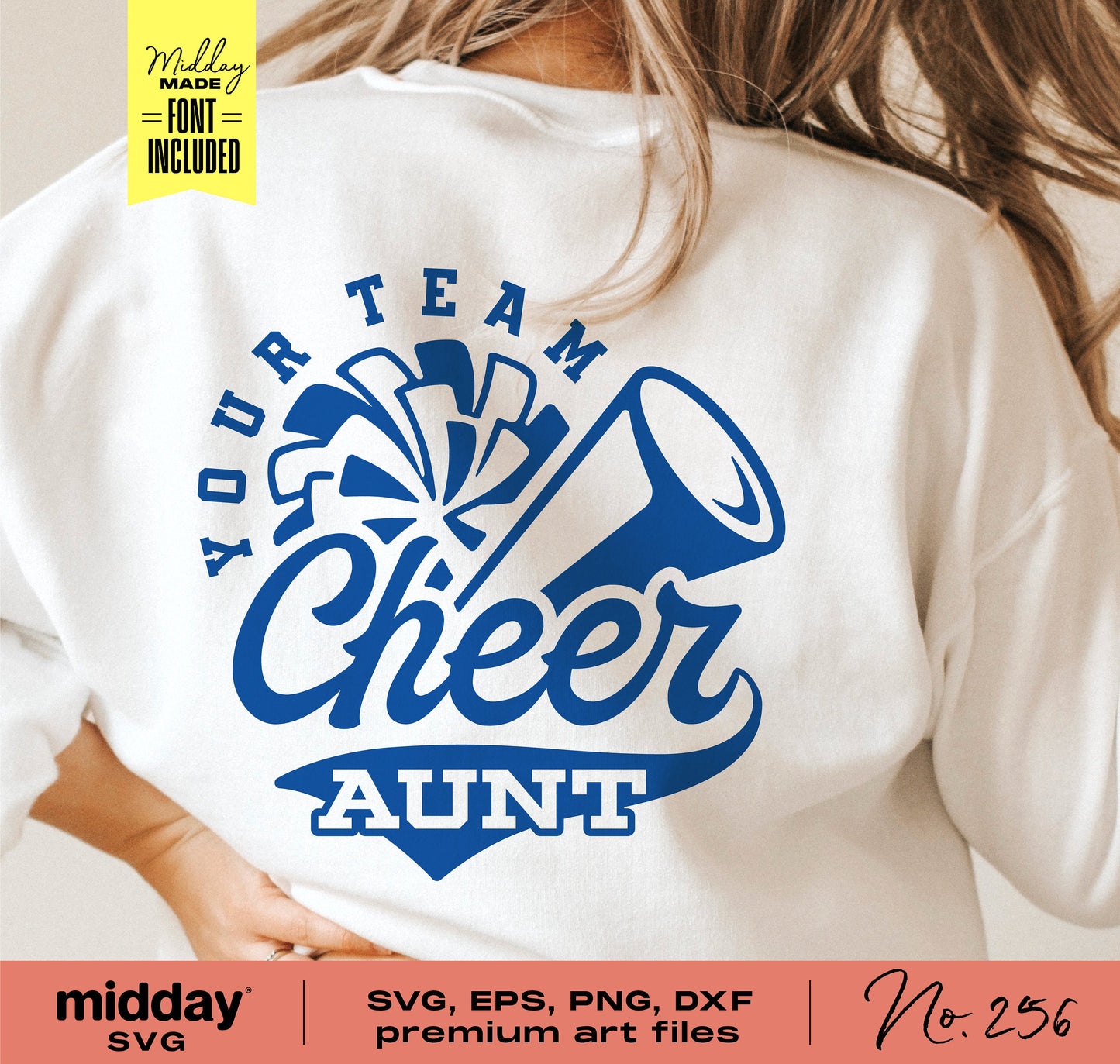Cheer Aunt shirt with megaphone and pom pom design, featuring SVG, PNG, DXF, EPS files for Cricut and Silhouette, No. 256