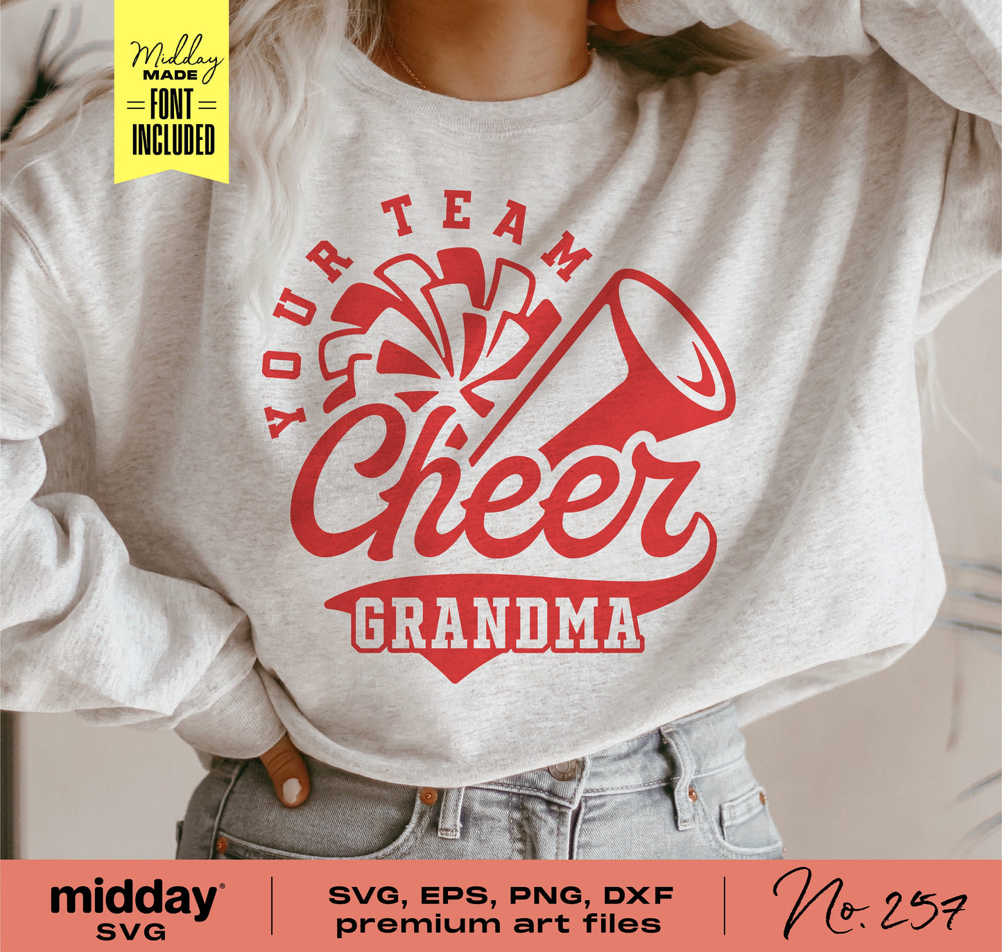 Cheer Grandma design on sweatshirt with pom pom and megaphone, available as SVG, EPS, PNG, DXF for Cricut and Silhouette projects.
