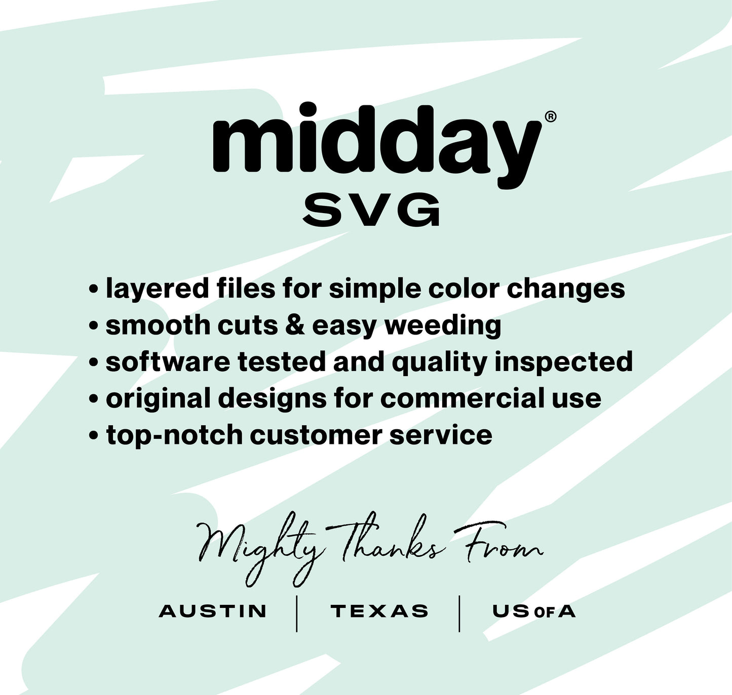 Midday SVG graphic with text highlighting features like layered files, easy weeding, software tested, and commercial use designs.