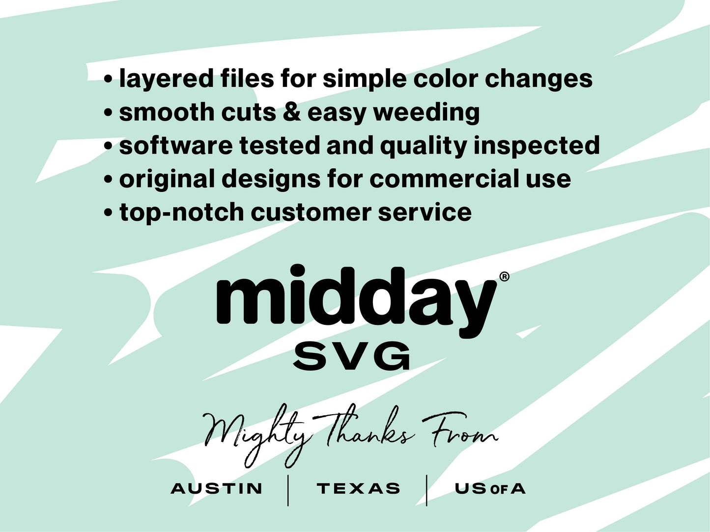 Midday SVG advertisement highlighting smooth cuts and customer service, with mentions of Austin, Texas, USA.