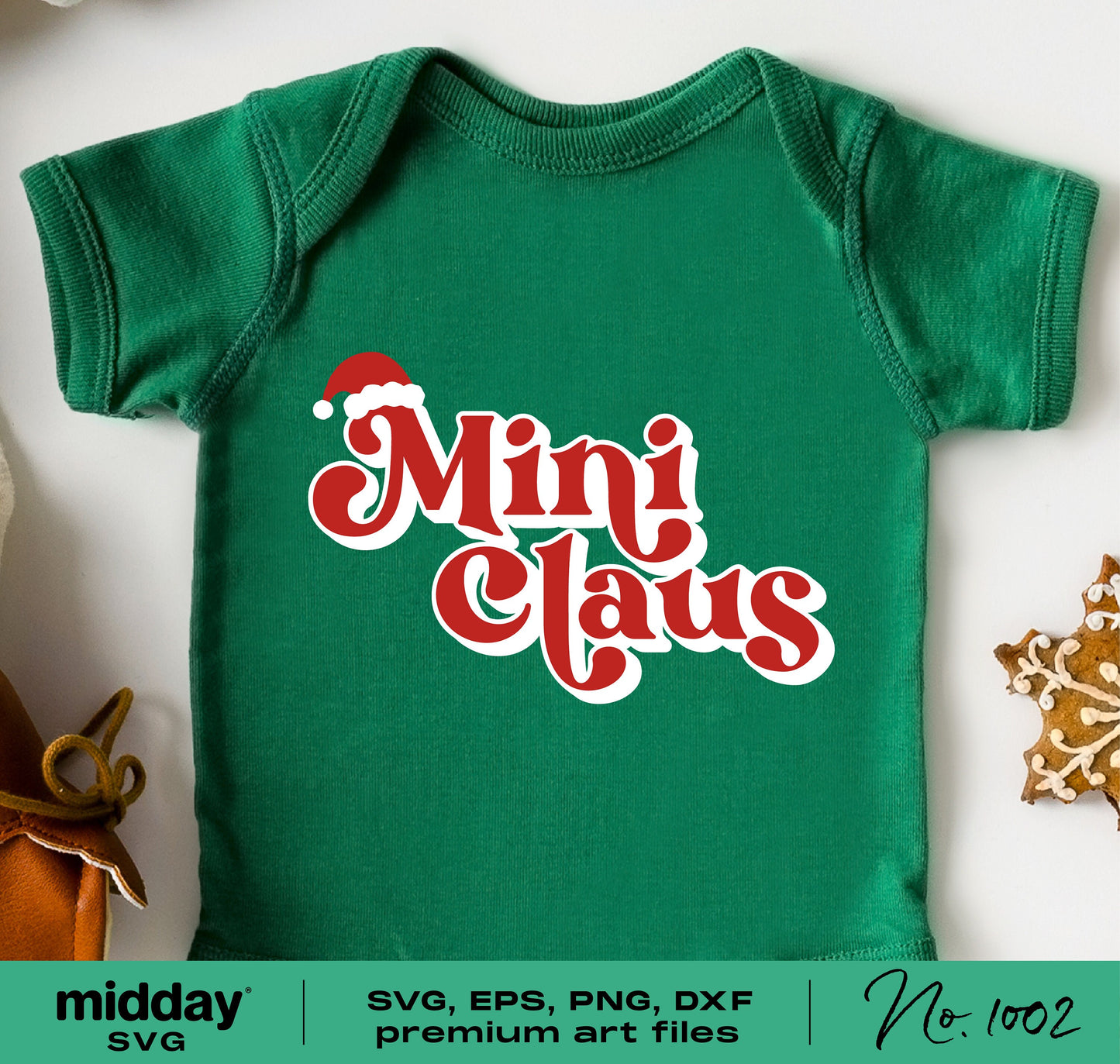 Green baby onesie featuring 'Mini Claus' Christmas design with Santa hat; includes SVG, EPS, PNG, DXF files for Cricut and Silhouette.
