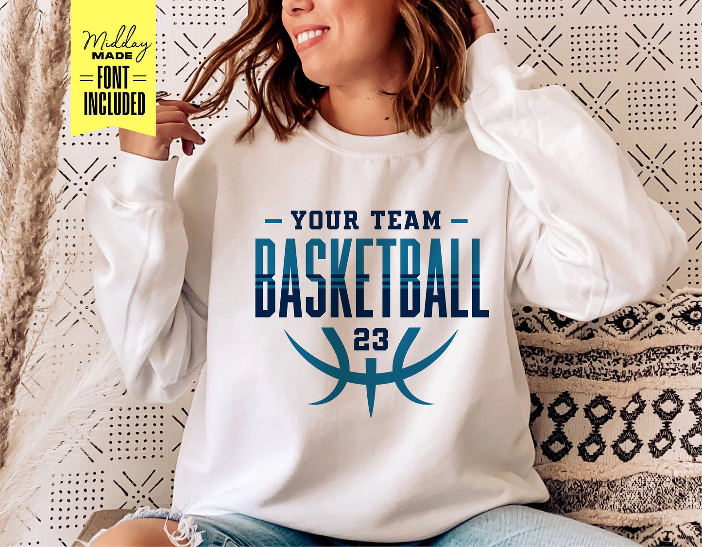 Woman wearing a DIY basketball team shirt with customizable lettering template for Cricut and Silhouette.