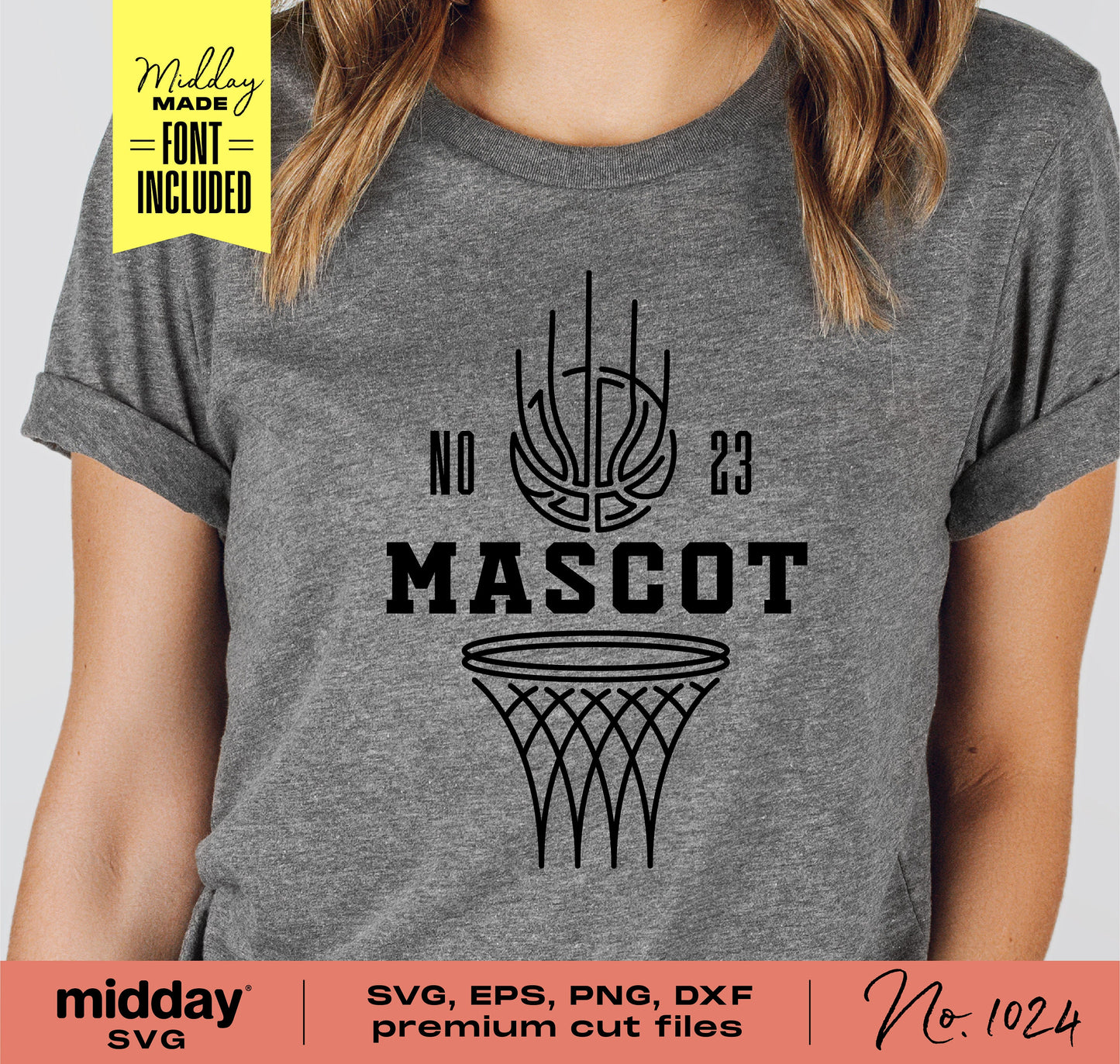 Basketball team template design on gray shirt with hoop graphic and customizable text. Ideal for Cricut and Silhouette projects.