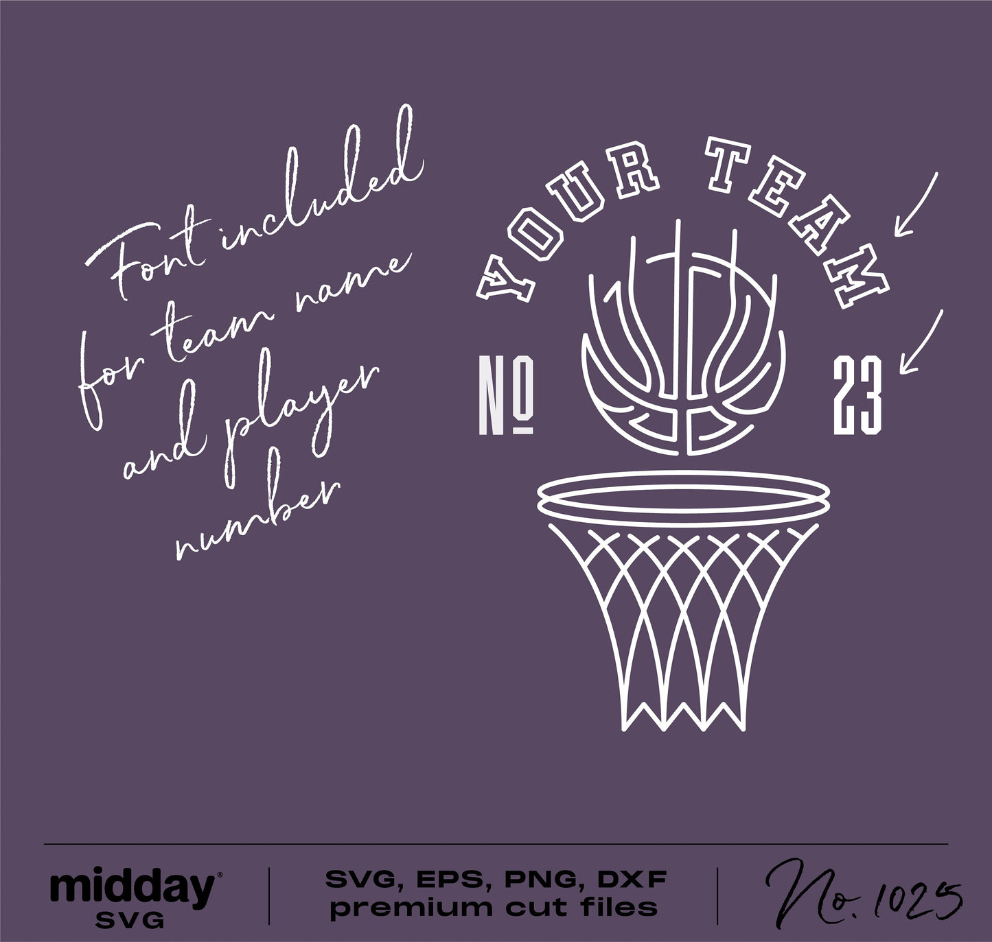 Modern basketball team shirt design template in SVG, EPS, PNG, DXF formats with customizable font for Cricut and Silhouette, No. 1025.