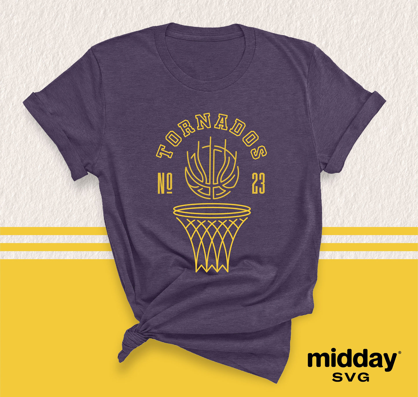 Modern basketball shirt with unique 'Tornados' design in yellow on purple, suitable for DIY designs using Cricut and Silhouette.
