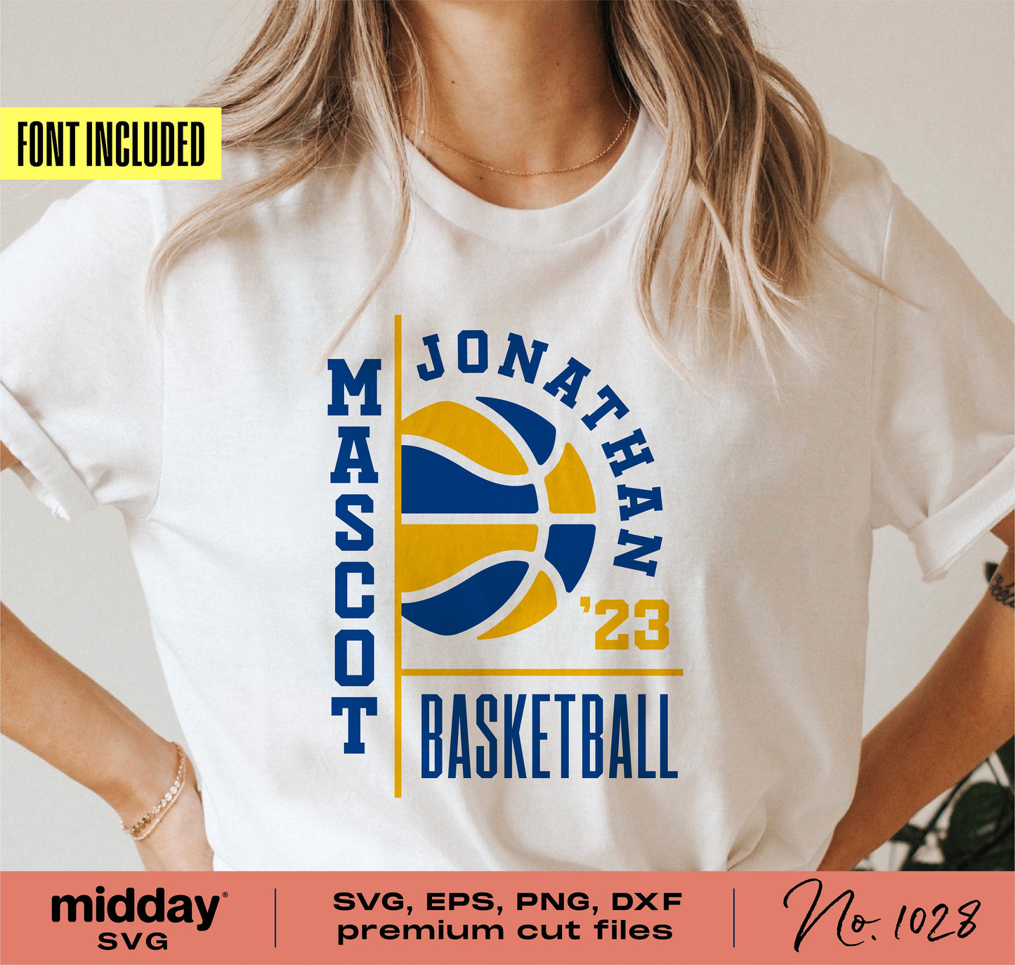 Customizable basketball team shirt with SVG, EPS, PNG, DXF logo design, featuring mascot and player name for Cricut and Silhouette.